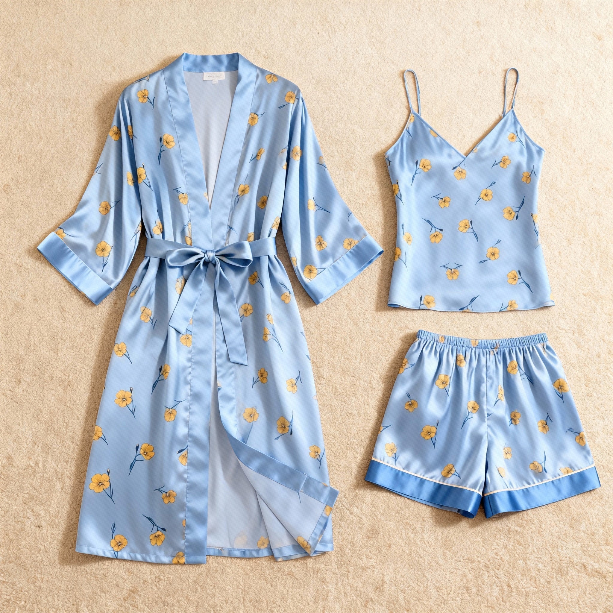 Women's Elegant Satin Nightwear - Floral Robe, Cami, Shorts