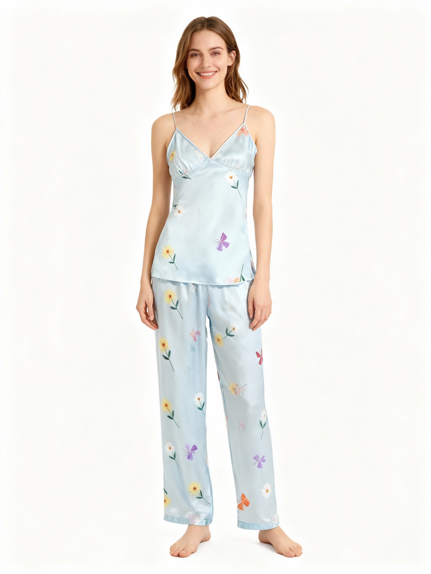 Silky Satin 3-Piece Pale Blue Nightwear Set with Daisy Florals Design
