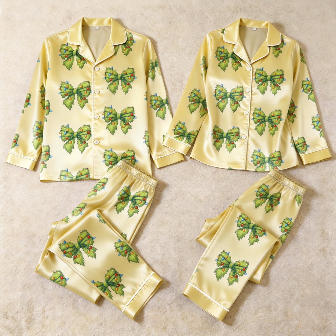 Lighted Faux Fur Bow Satin Matching Pajamas for Couples – Long Sleeve Button-Down Top & Pants Sleepwear Set