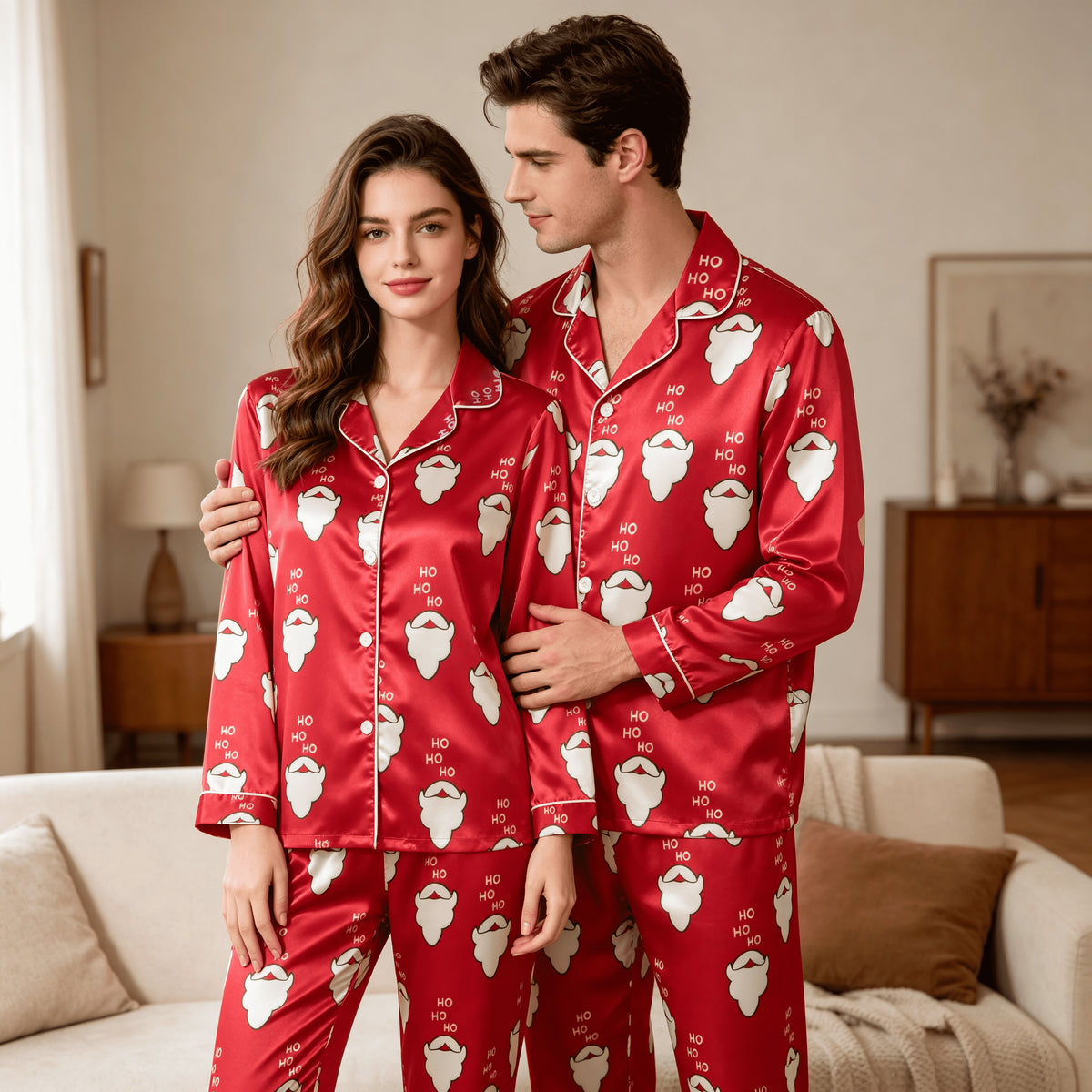 Santa Beard and "HO HO" Satin Matching Pajamas for Couples – Long Sleeve Button-Down Top & Pants Sleepwear Set