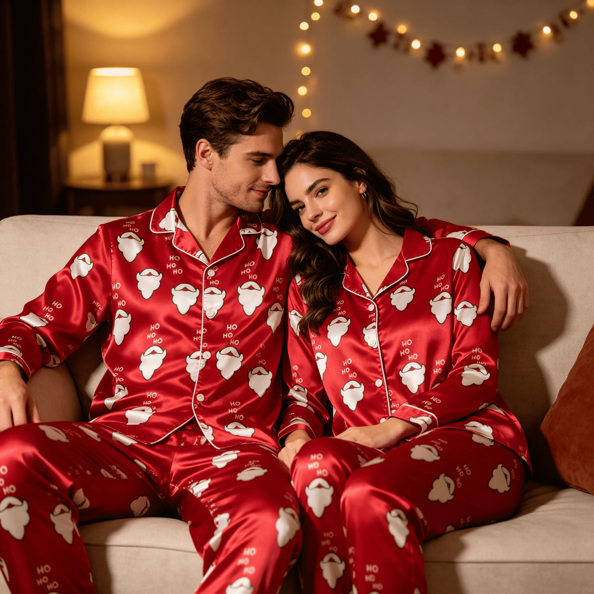 Santa Beard and "HO HO" Satin Matching Pajamas for Couples – Long Sleeve Button-Down Top & Pants Sleepwear Set