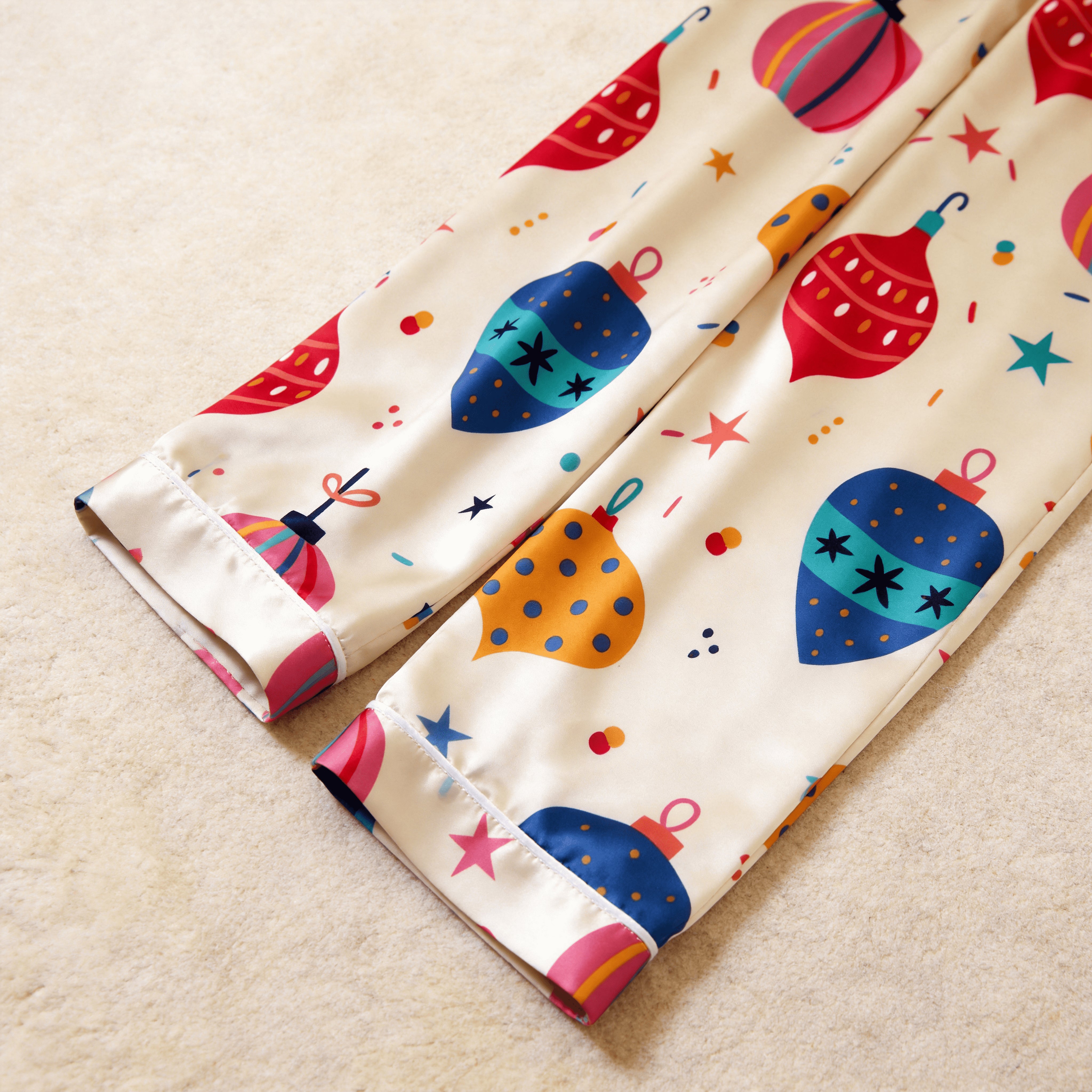 Colorful Christmas Ornament Print Satin Button-Up Family Pajamas Set