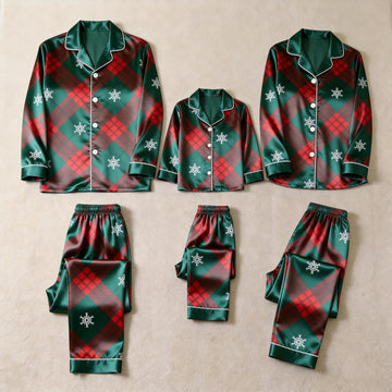 Festive Plaid & Snowflake Satin Button-Up Family Christmas Pajamas Set