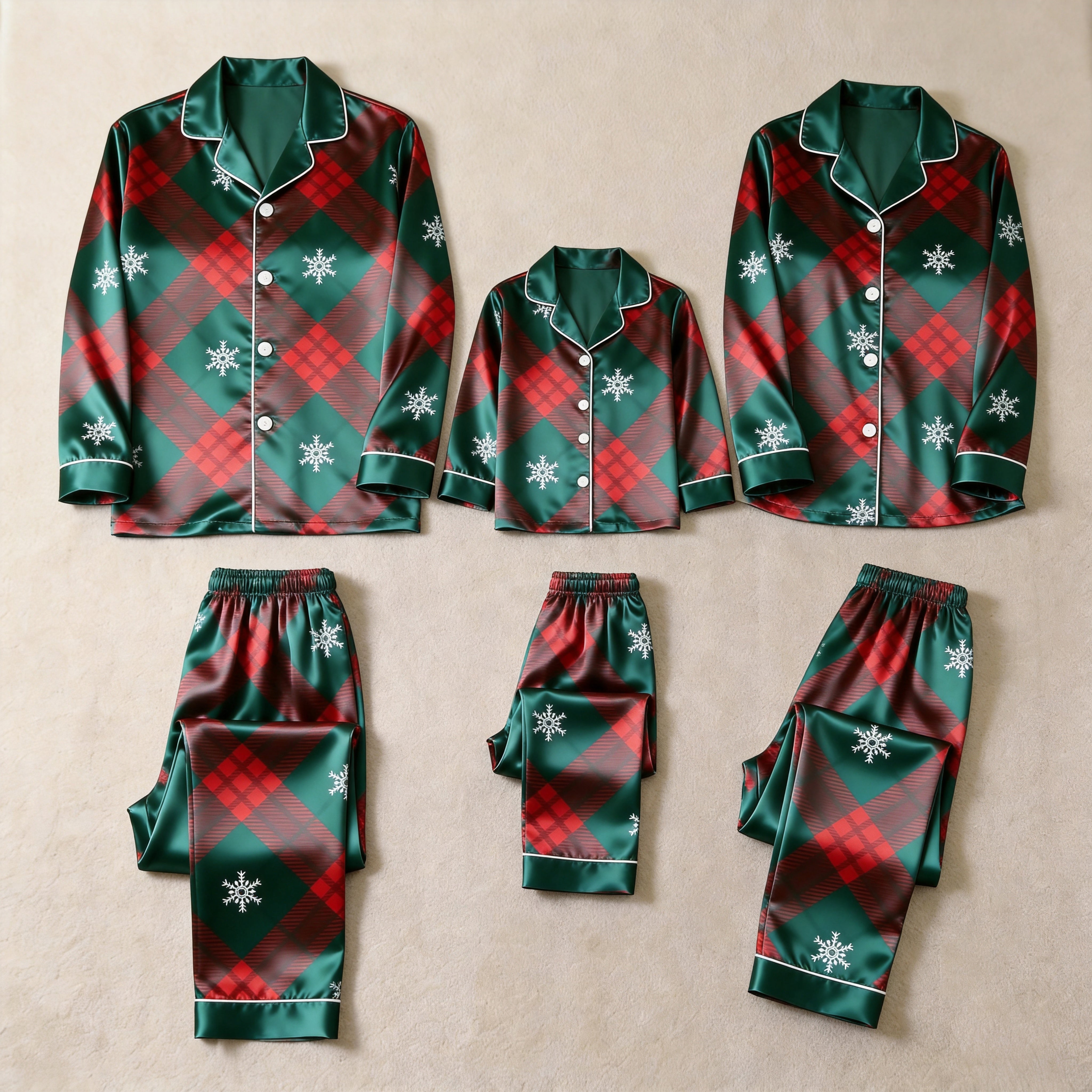 Festive Plaid & Snowflake Satin Button-Up Family Christmas Pajamas Set