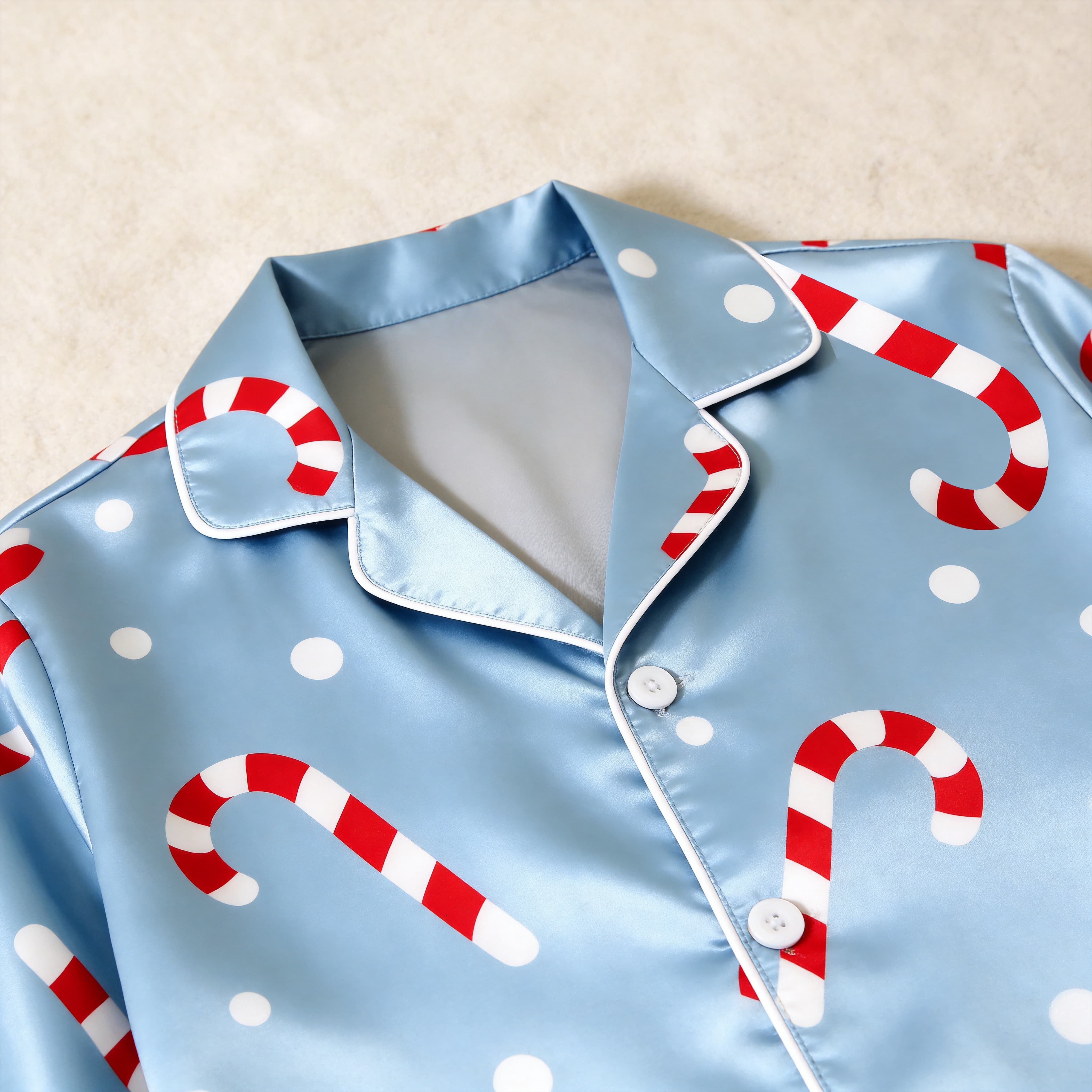 Blue Candy Cane & Polka Dot Satin Button-Up Family Christmas Pajamas Set