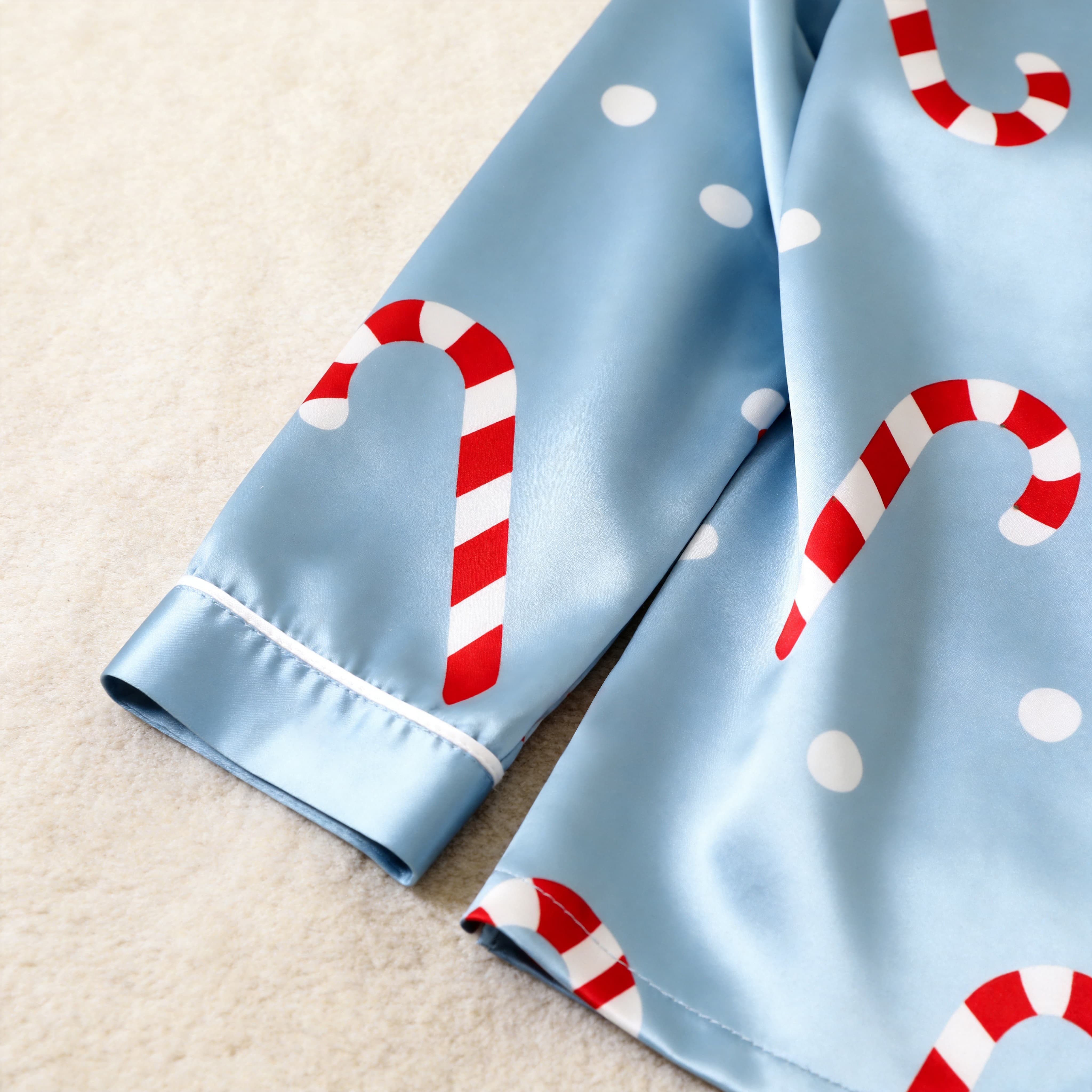 Blue Candy Cane & Polka Dot Satin Button-Up Family Christmas Pajamas Set