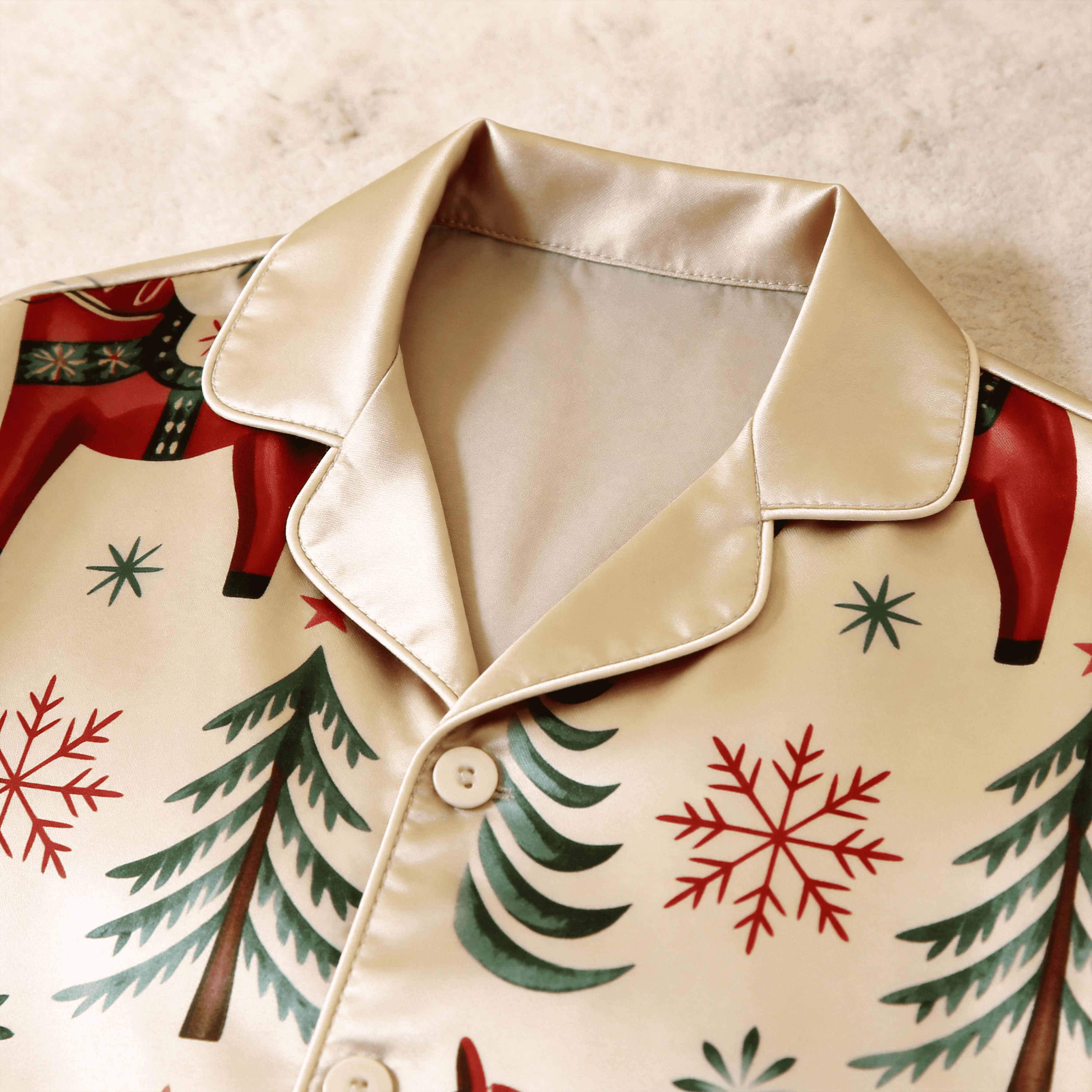 Festive Red Horse & Pine Tree Print Satin Button-Up Family Christmas Pajamas Set