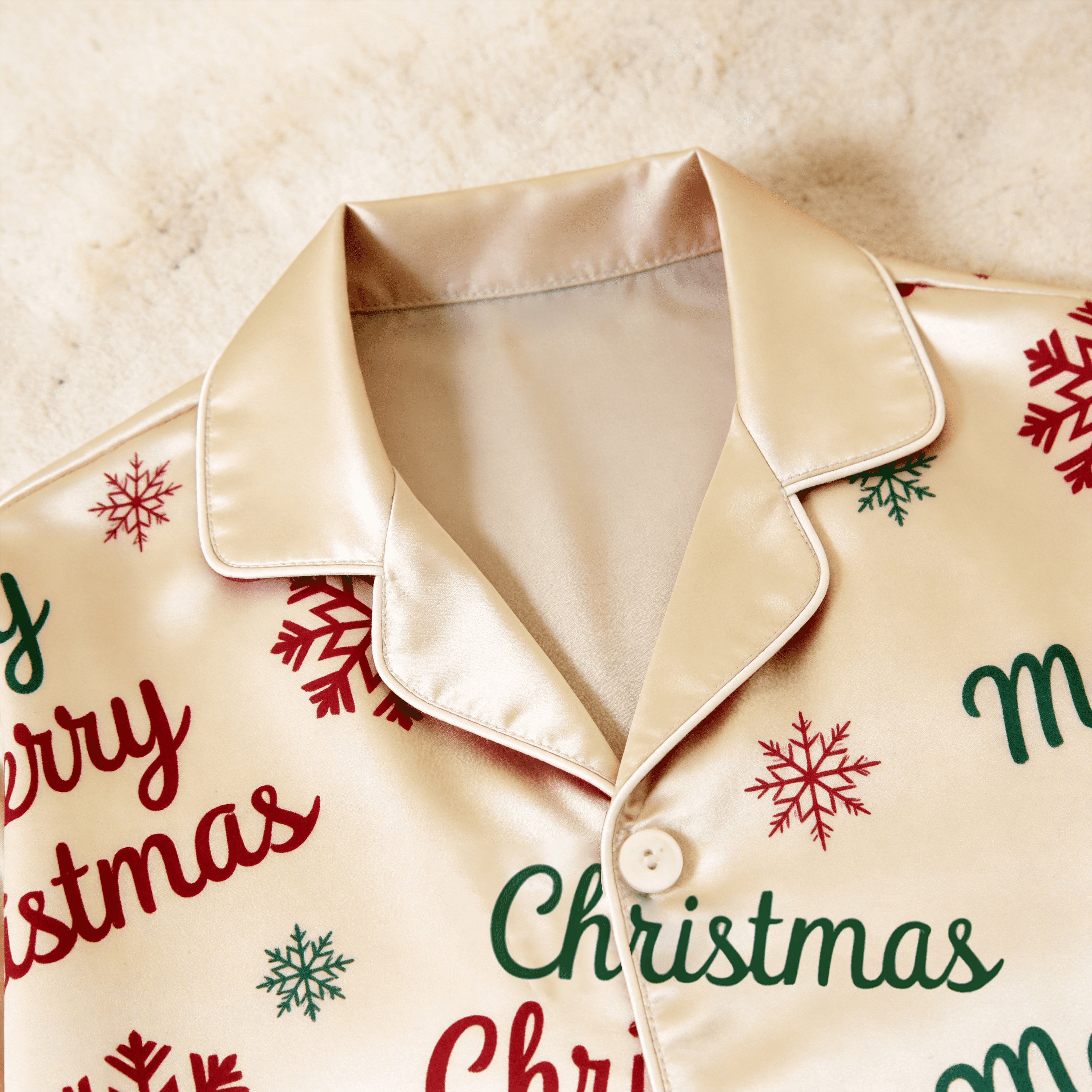 Merry Christmas Script & Snowflake Print Satin Button-Up Family Pajamas Set