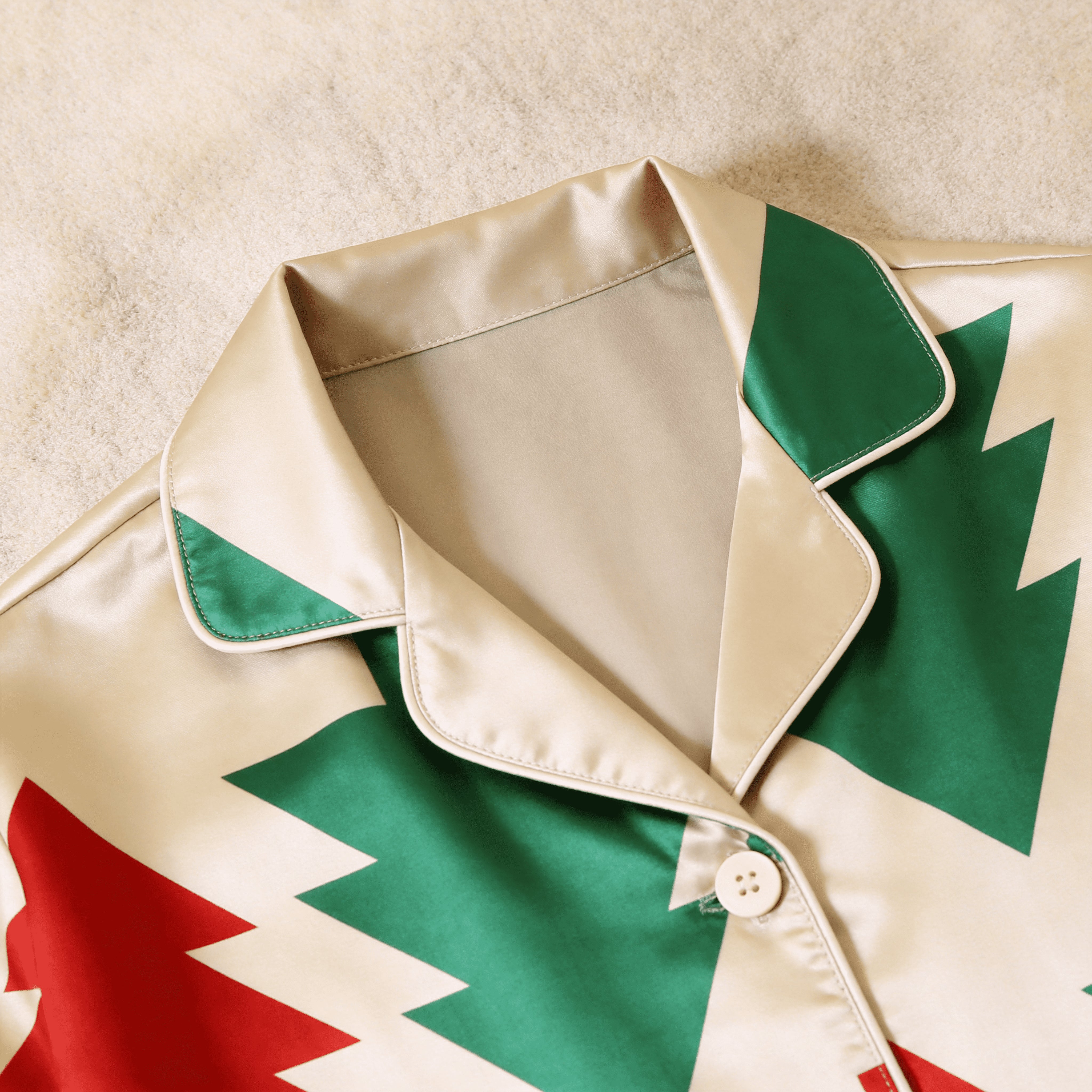 Red & Green Geometric Christmas Tree Satin Button-Up Family Pajamas Set