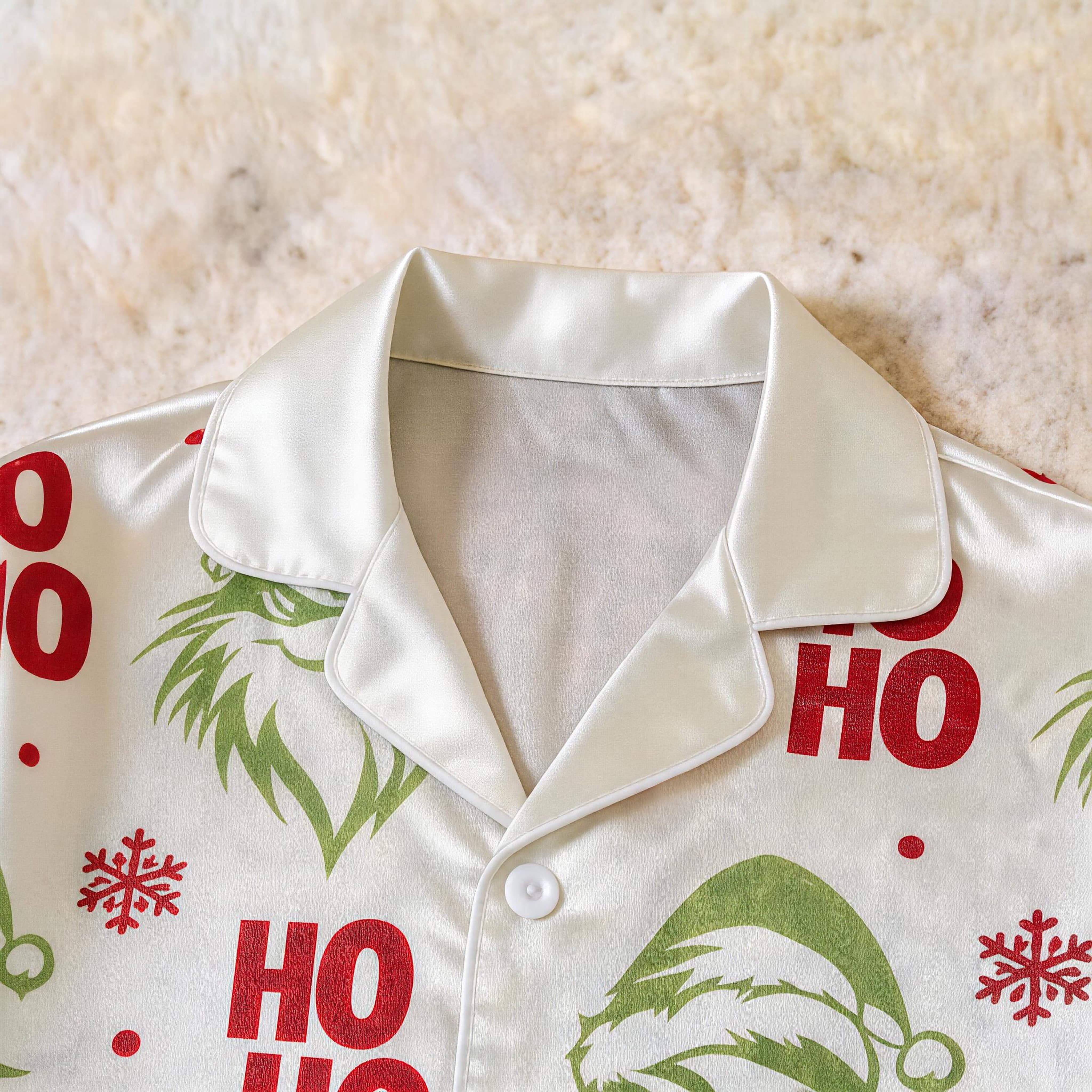Red Face & Ho Ho Text Print Satin Button-Up Family Christmas Pajamas Set