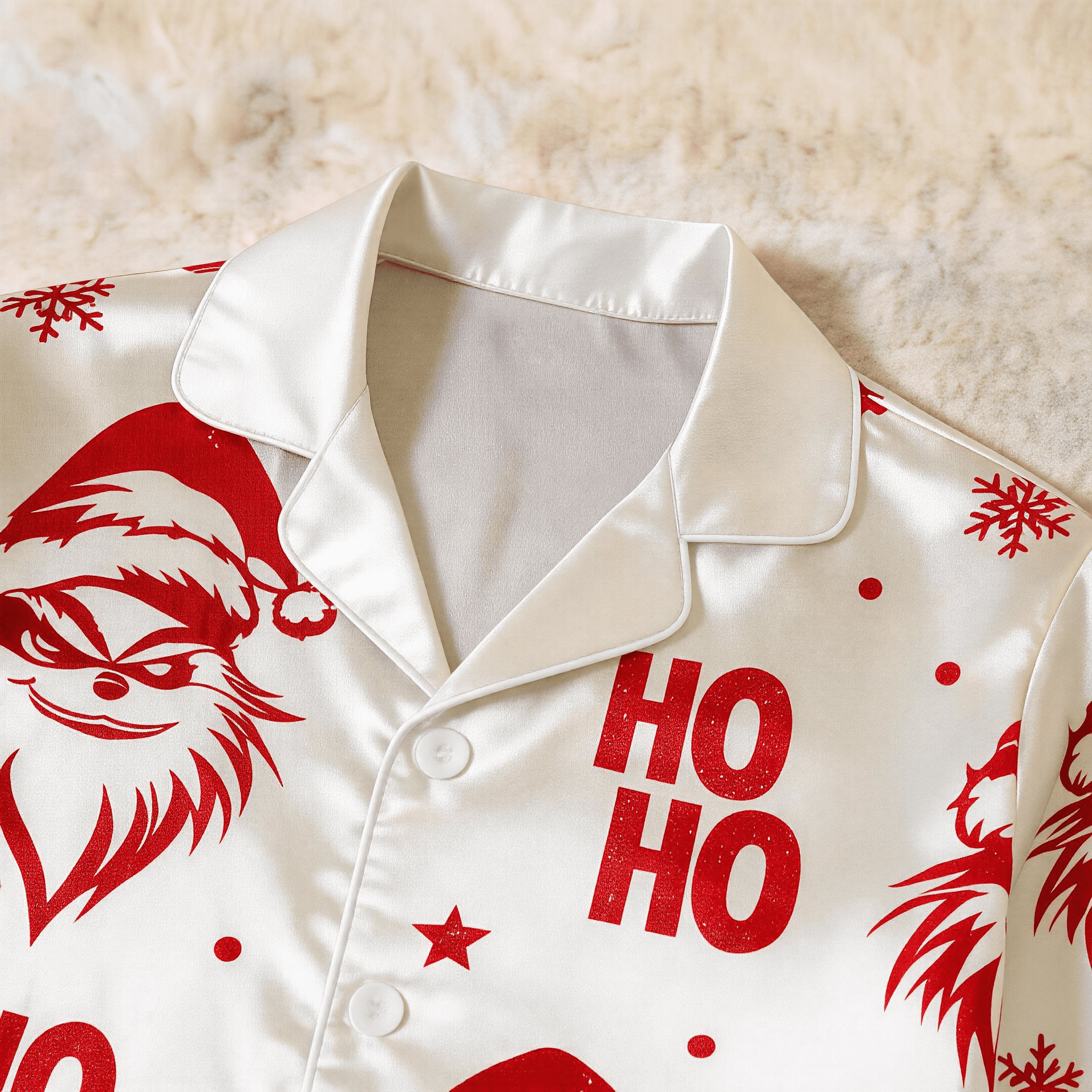 Red Face & Ho Ho Text Print Satin Button-Up Family Christmas Pajamas Set