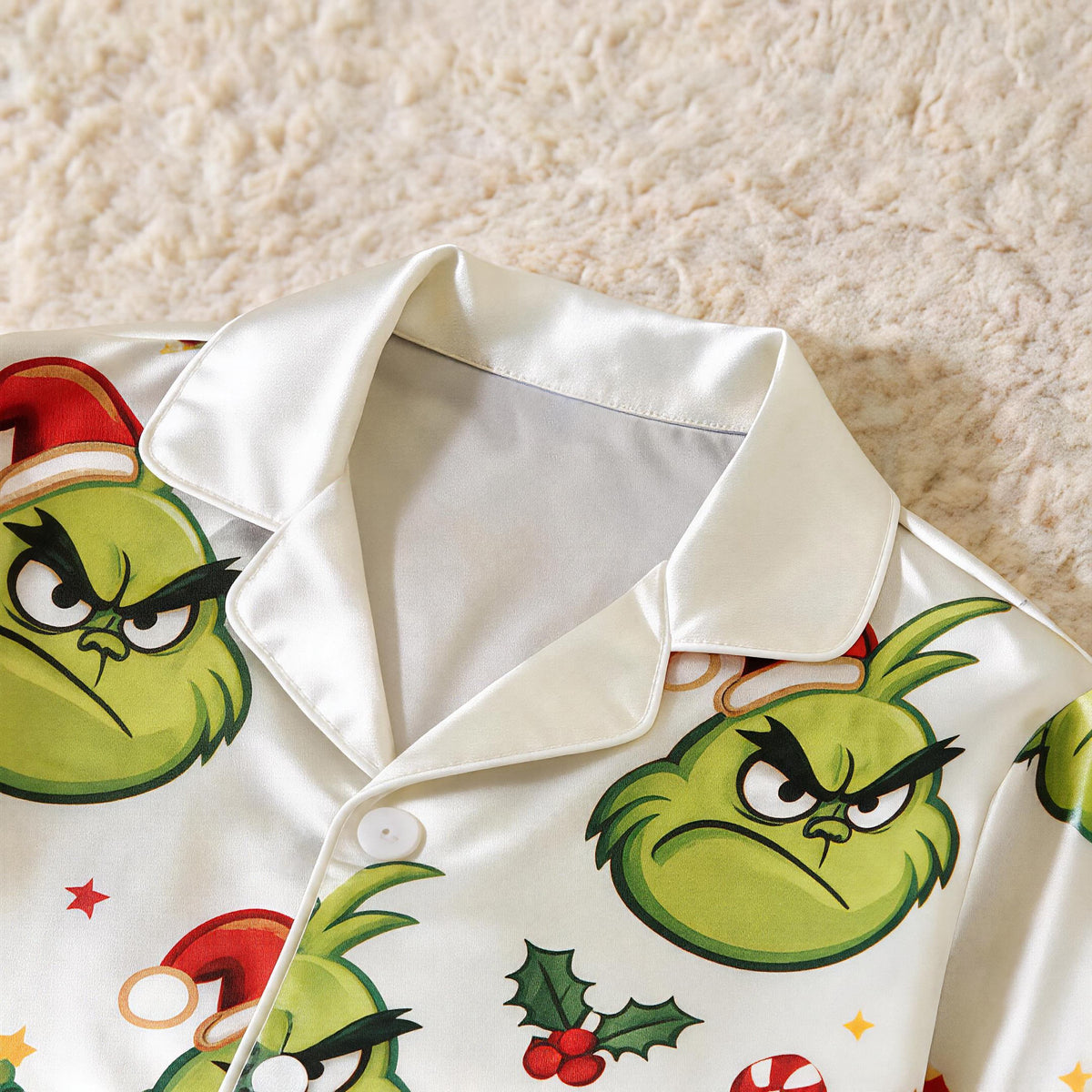 Angry Green Face & Holiday Icon Print Satin Button-Up Family Christmas Pajamas Set