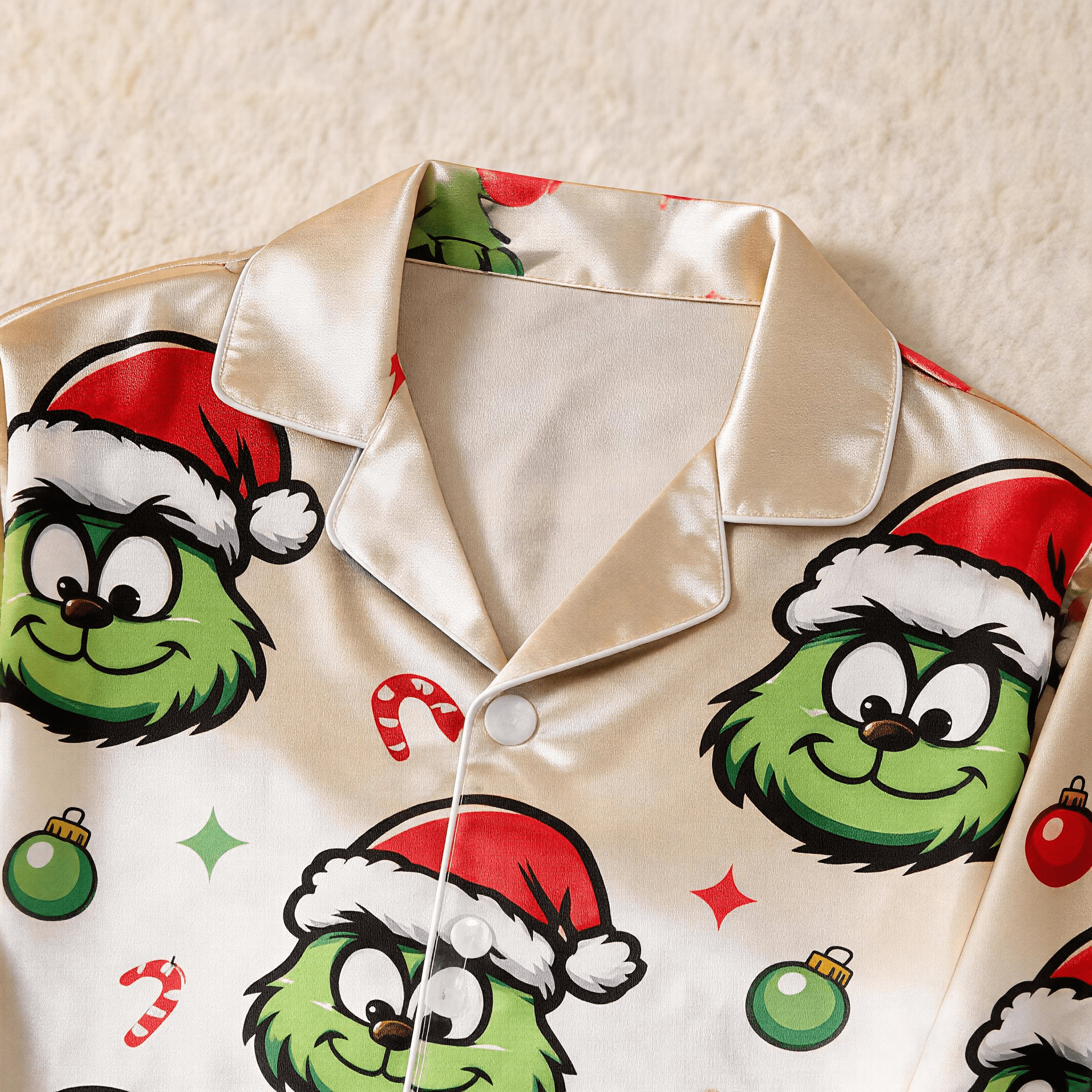 Smiling Green Face & Santa Hat Print Satin Button-Up Family Christmas Pajamas Set