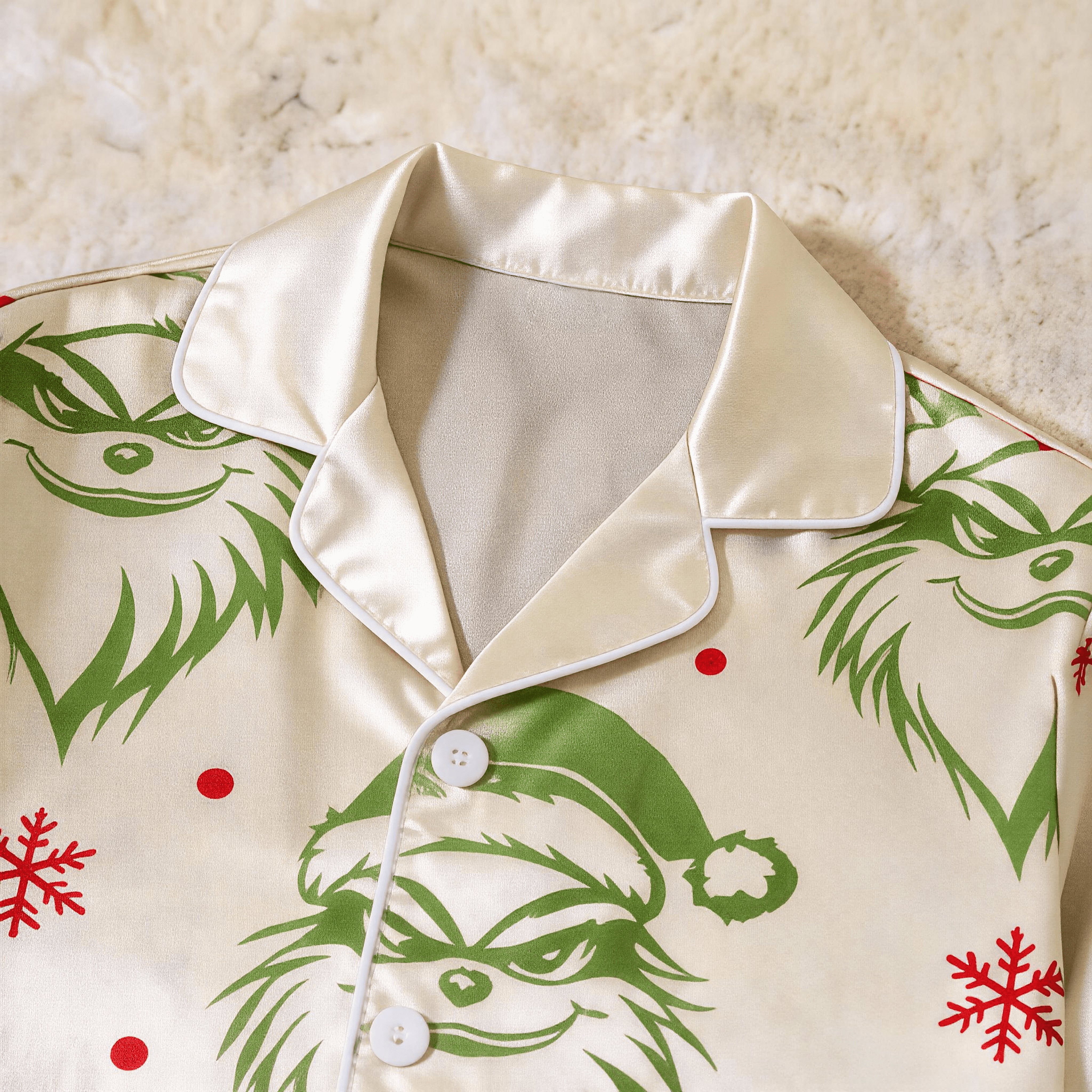 Green Bearded Face & Snowflake Print Satin Button-Up Family Christmas Pajamas Set