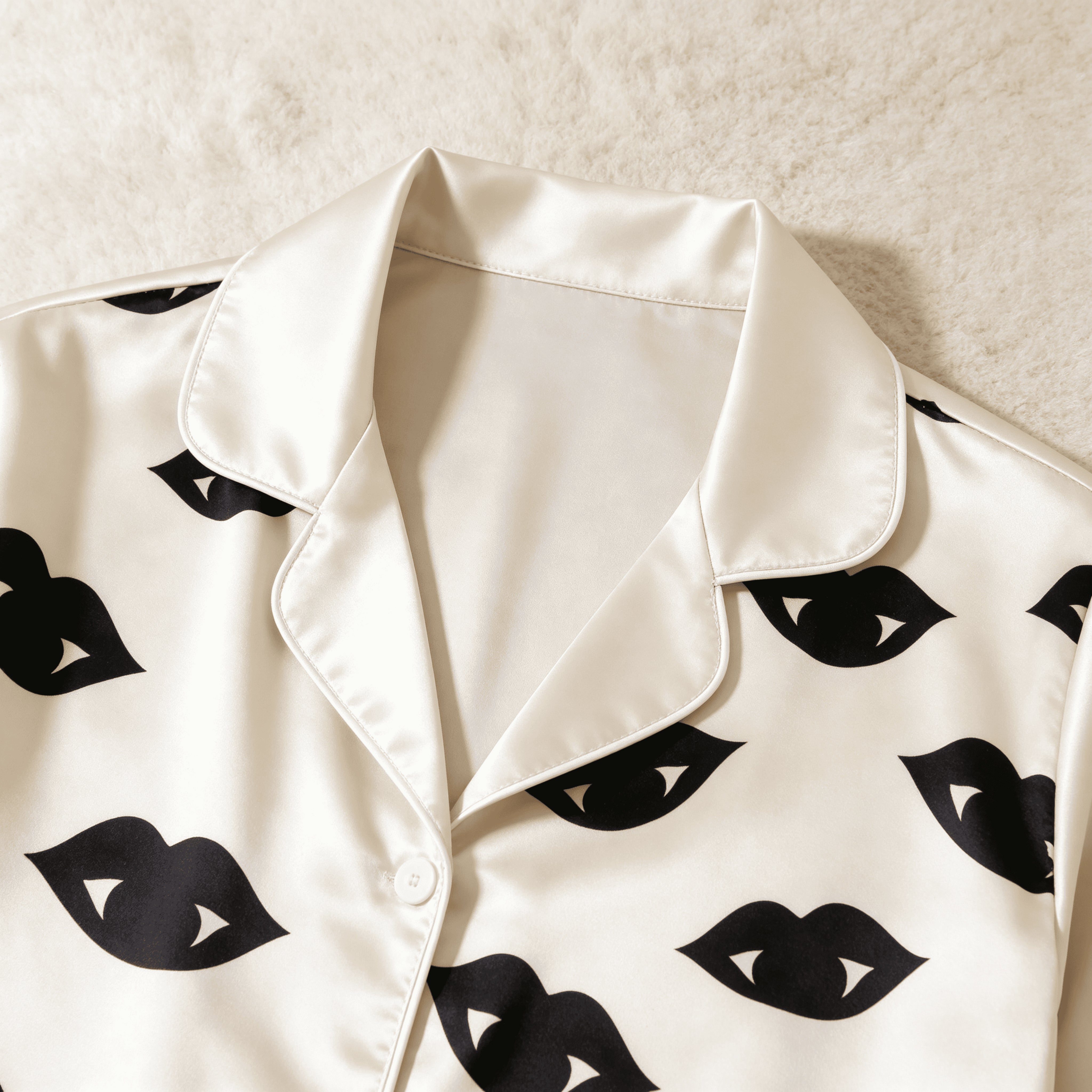Black & Orange Vampire Lips Print Satin Button-Up Family Halloween Pajamas Set