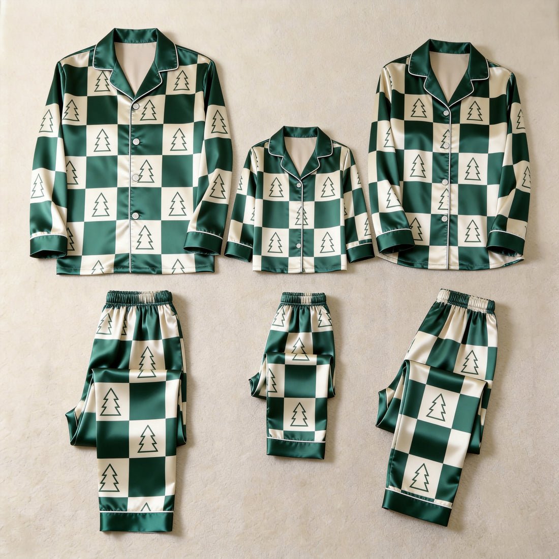 Green Satin Checkerboard Christmas Tree Family Matching Pajamas Set Long Sleeve Button-Down Festive Sleepwear