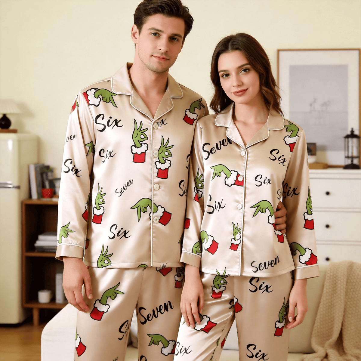 67 Holiday Green Hand Print Satin Matching Pajamas for Couples – Long Sleeve Button-Down Top & Pants Sleepwear Set