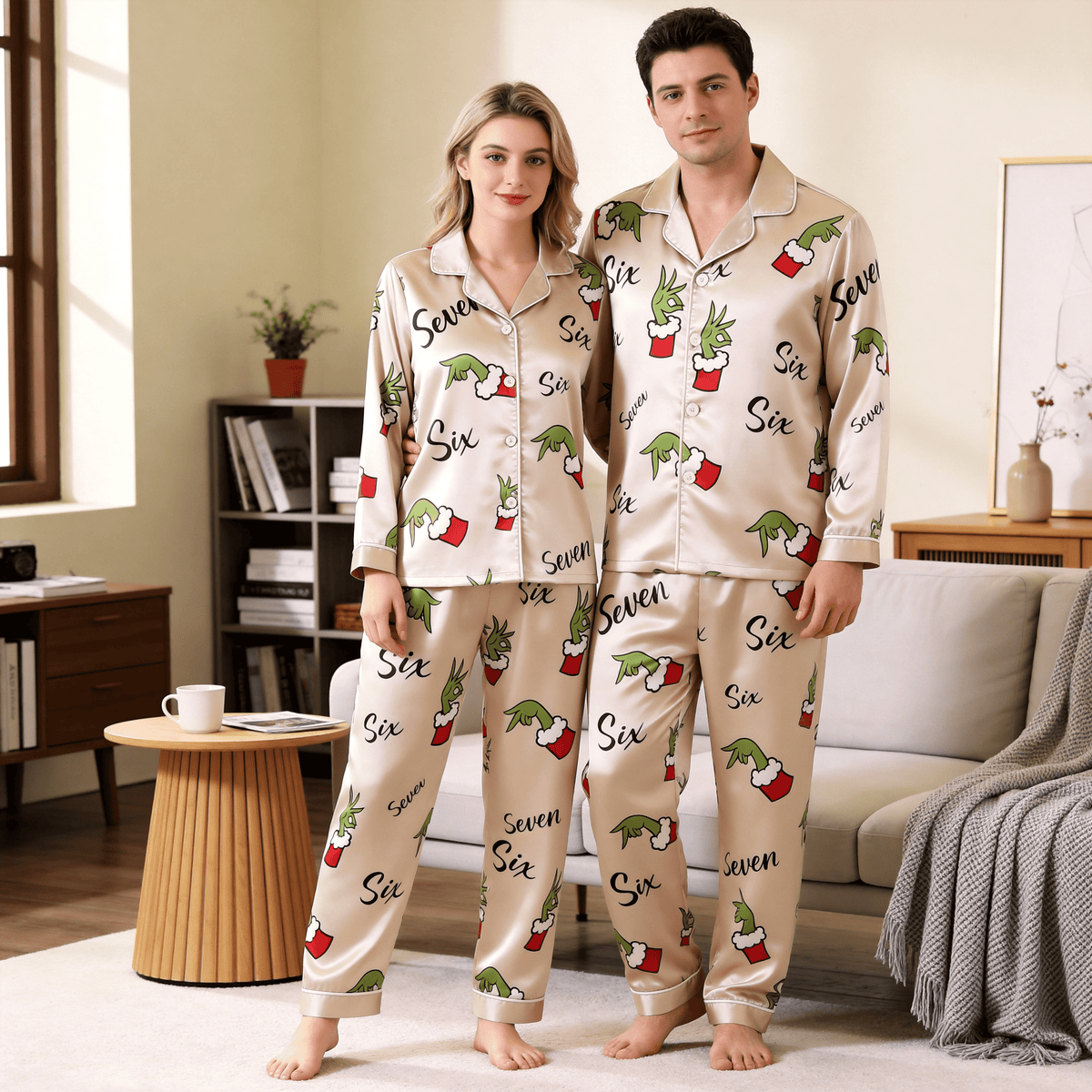 67 Holiday Green Hand Print Satin Matching Pajamas for Couples – Long Sleeve Button-Down Top & Pants Sleepwear Set
