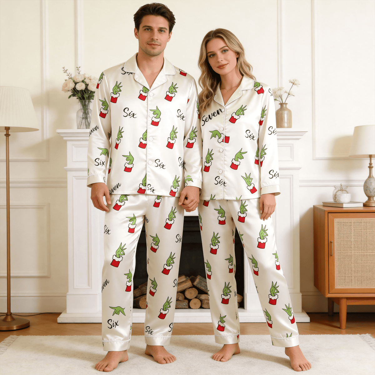 67 Holiday Green Hand Print Satin Matching Pajamas for Couples – Long Sleeve Button-Down Top & Pants Sleepwear Set