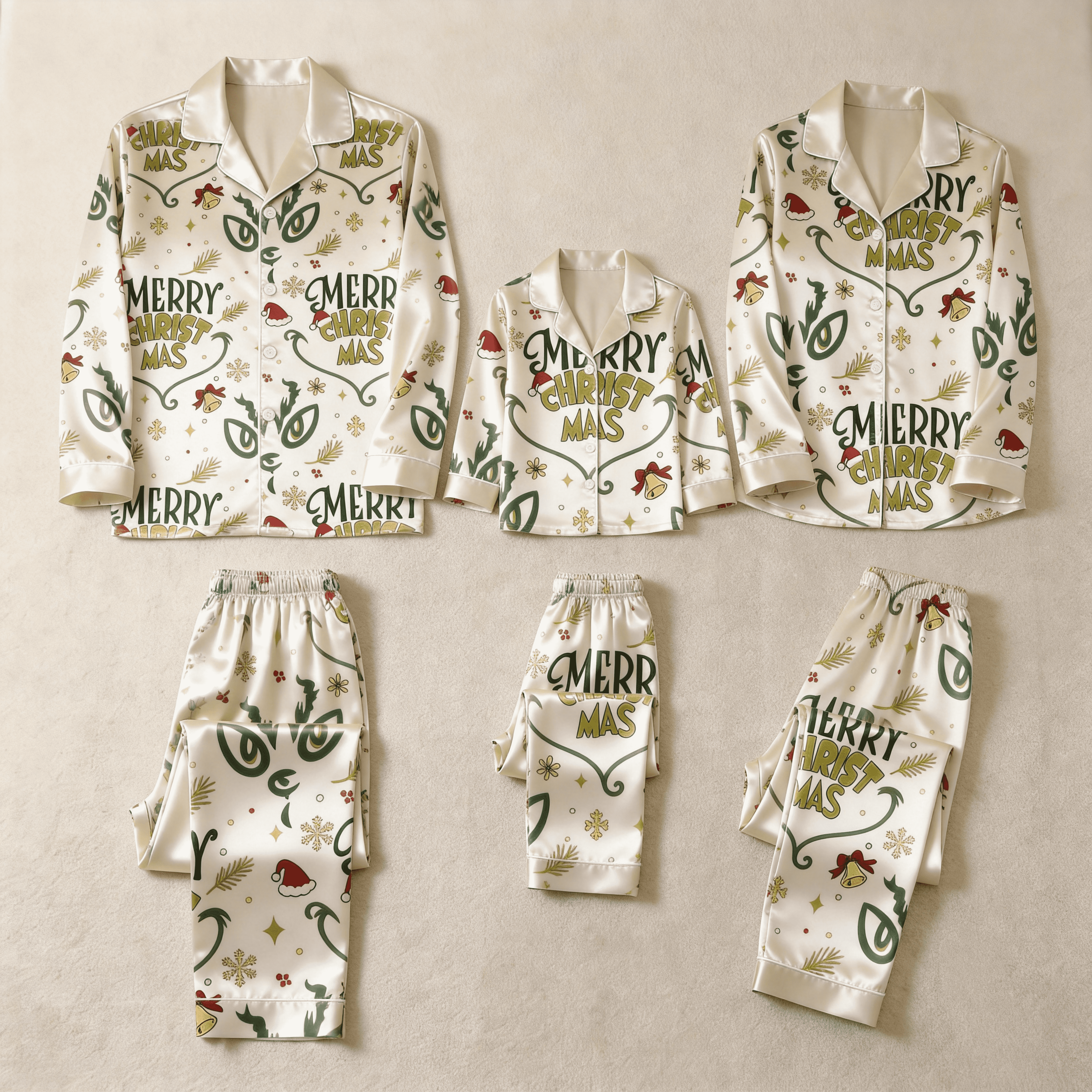 Merry Christmas Letter & Festive Icon Print Satin Button-Up Family Pajamas Set