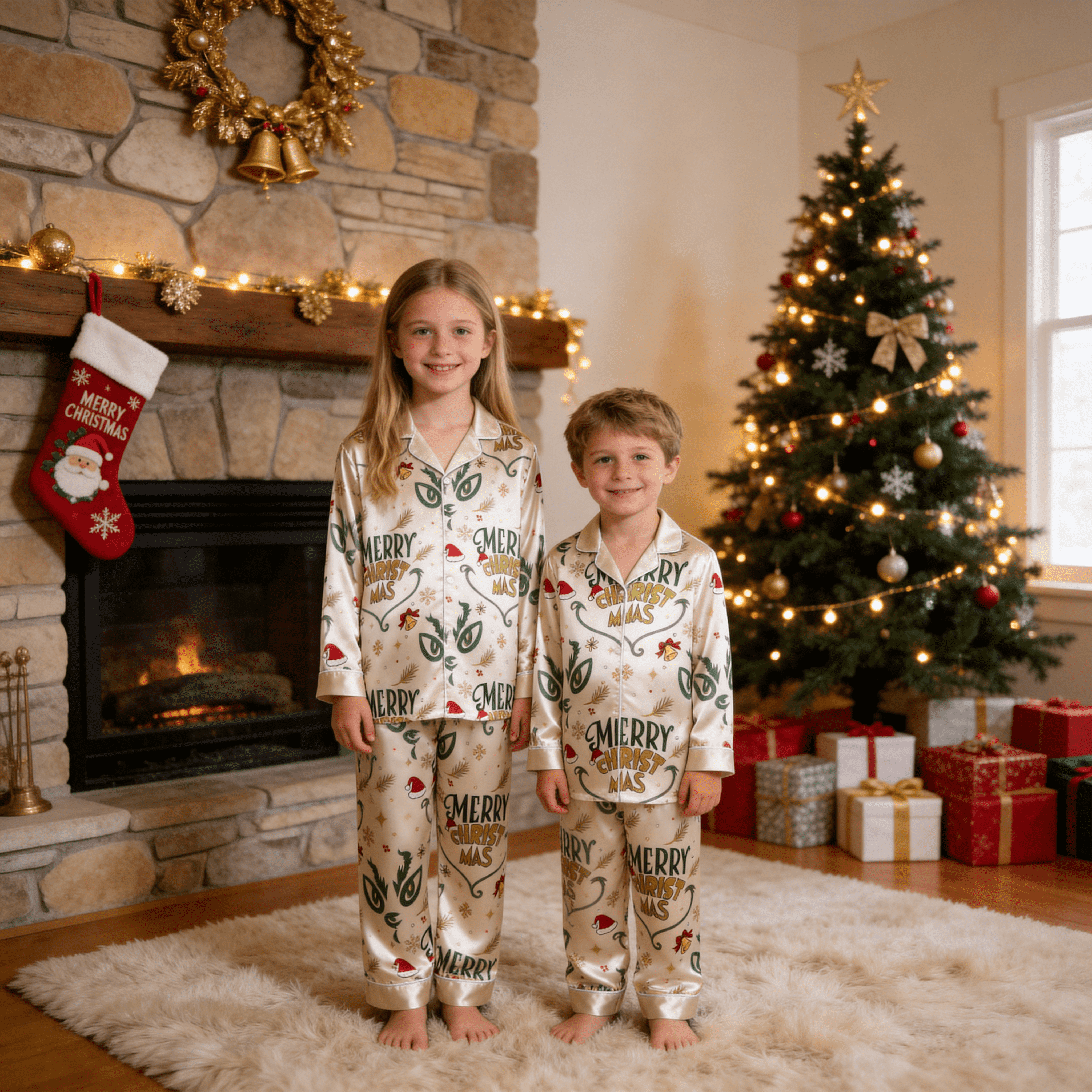 Merry Christmas Letter & Festive Icon Print Satin Button-Up Family Pajamas Set