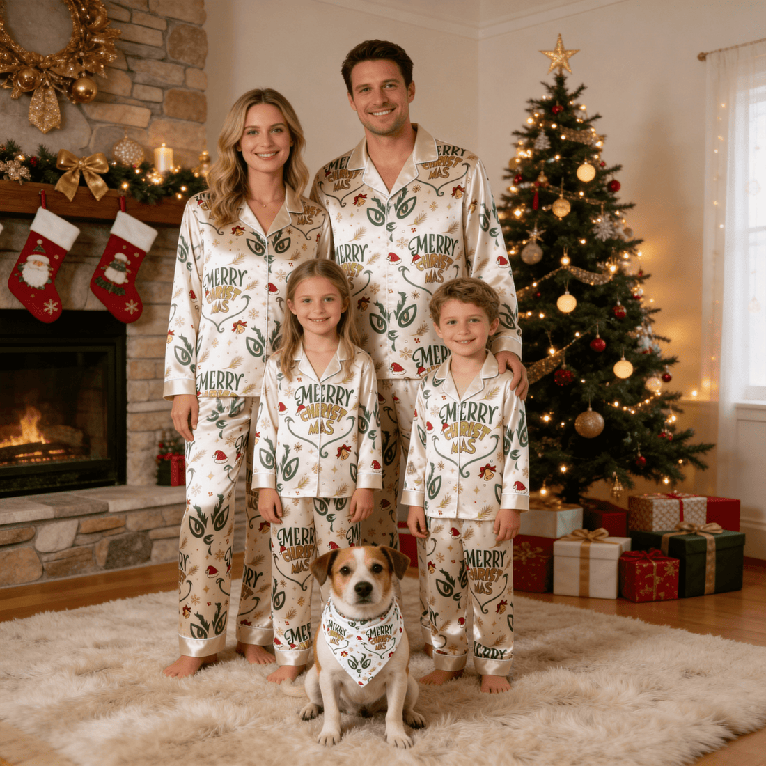 Merry Christmas Letter & Festive Icon Print Satin Button-Up Family Pajamas Set