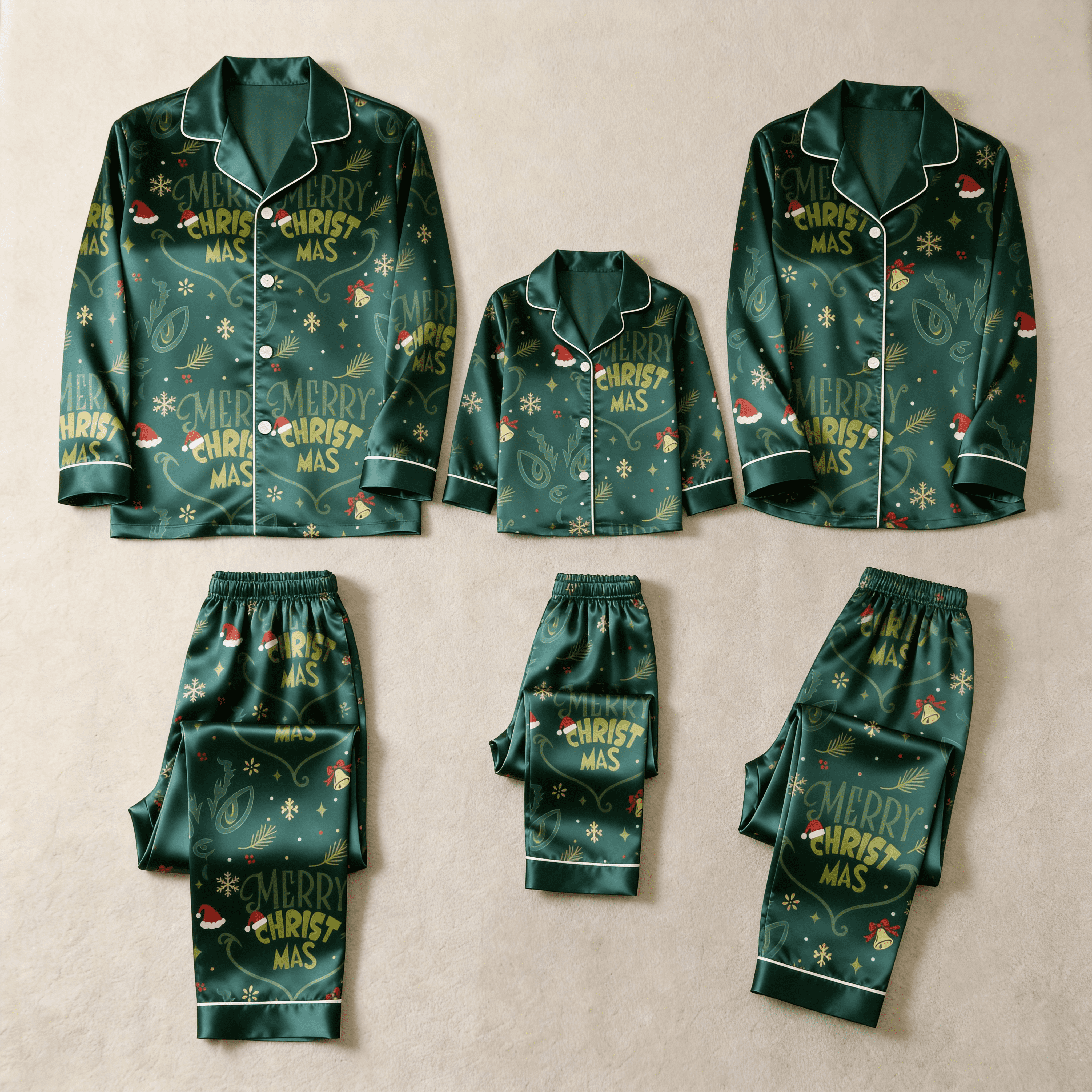 Merry Christmas Letter & Festive Icon Print Satin Button-Up Family Pajamas Set