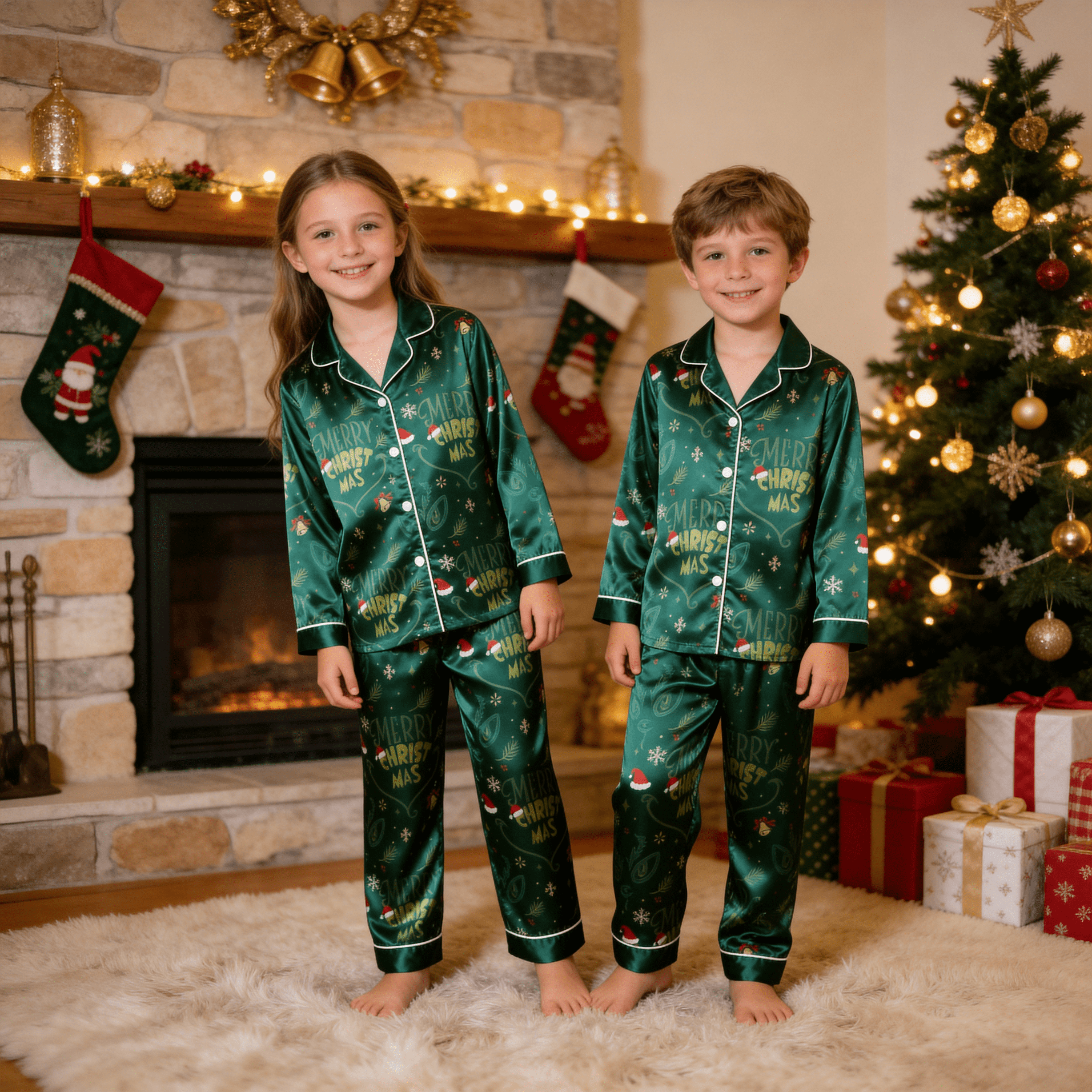Merry Christmas Letter & Festive Icon Print Satin Button-Up Family Pajamas Set