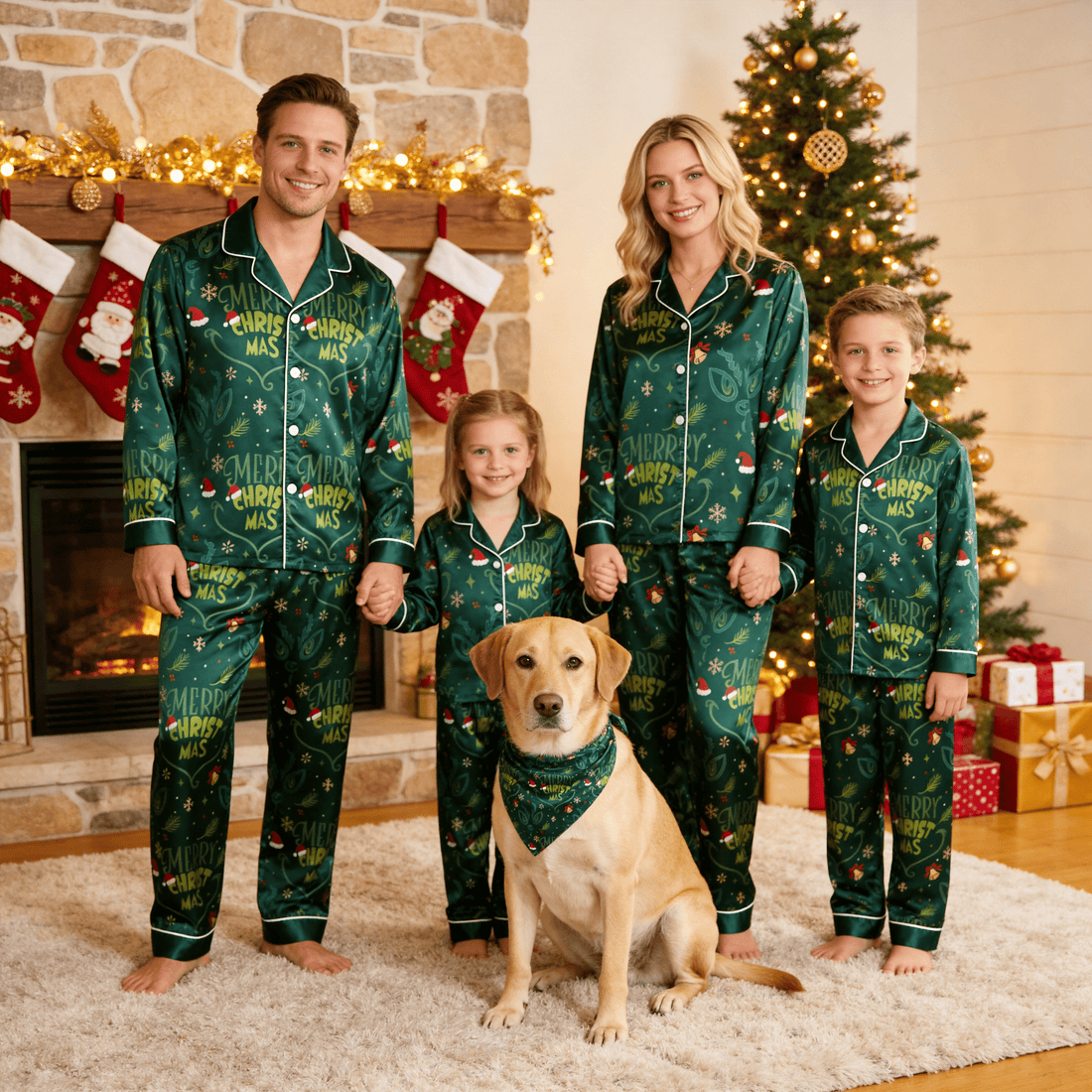 Merry Christmas Letter & Festive Icon Print Green Satin Button-Up Family Pajamas Set
