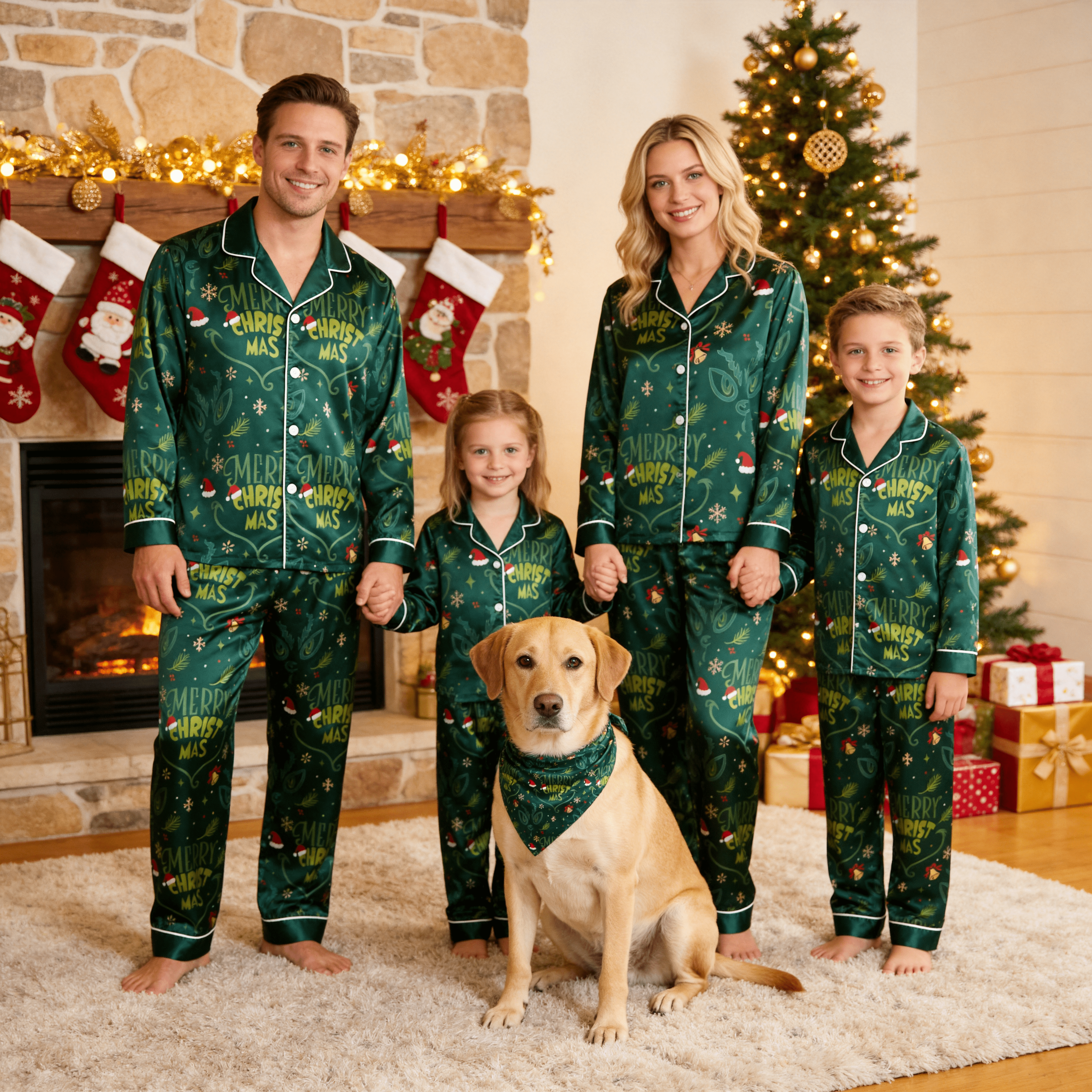 Merry Christmas Letter & Festive Icon Print Satin Button-Up Family Pajamas Set