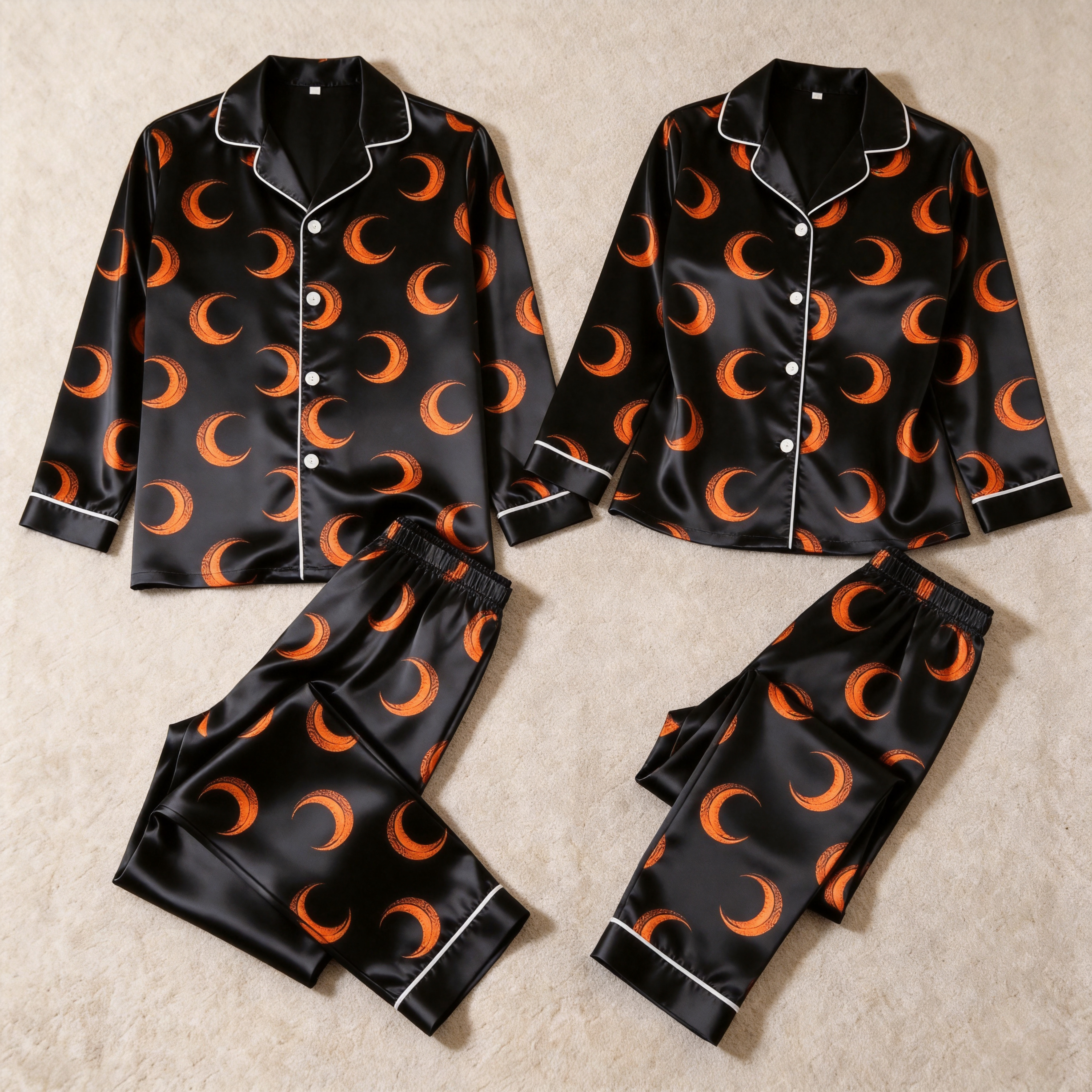 Crescent Moon Print Satin Matching Pajamas for Couples – Long Sleeve Button-Down Top & Pants Sleepwear Set