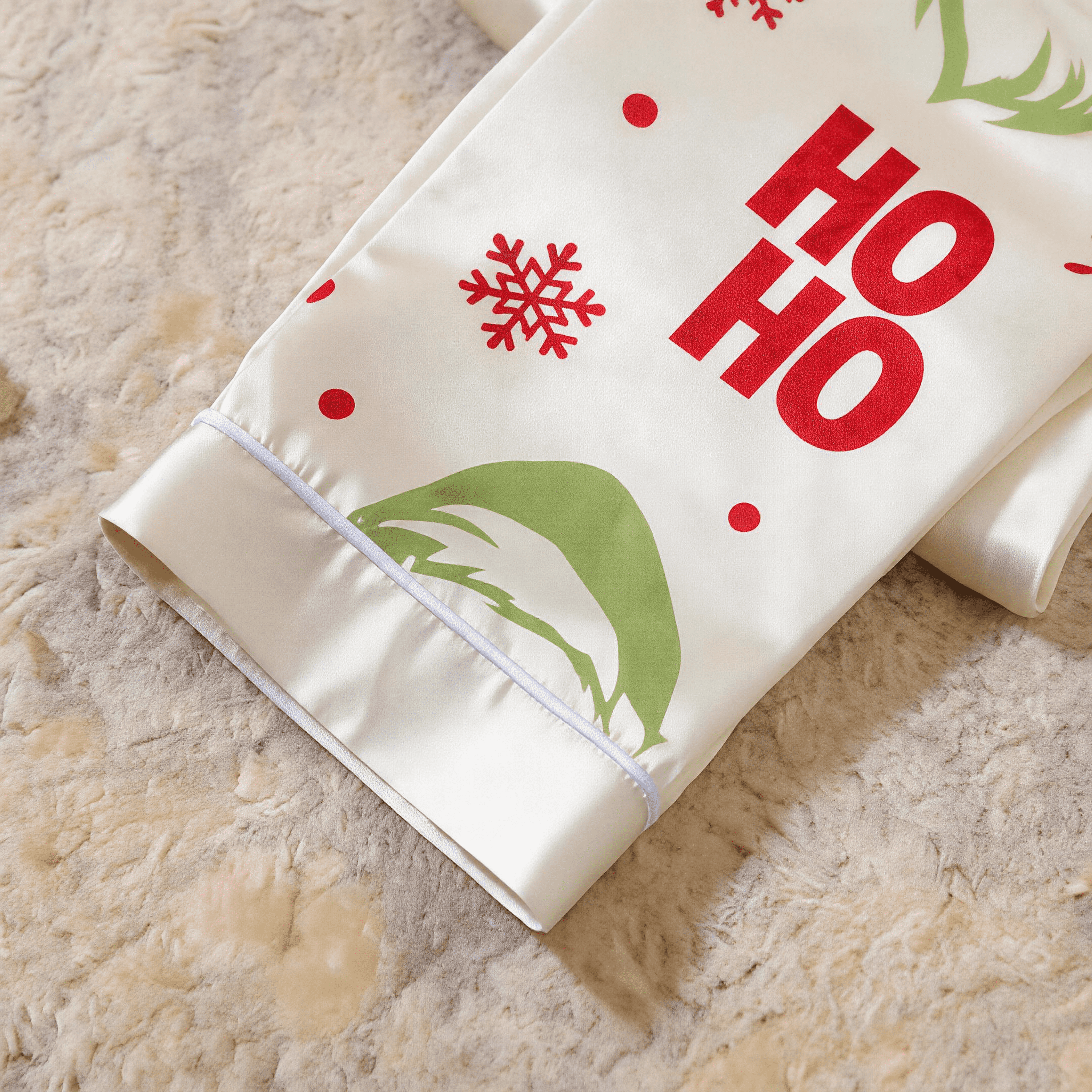 Red Face & Ho Ho Text Print Satin Button-Up Family Christmas Pajamas Set
