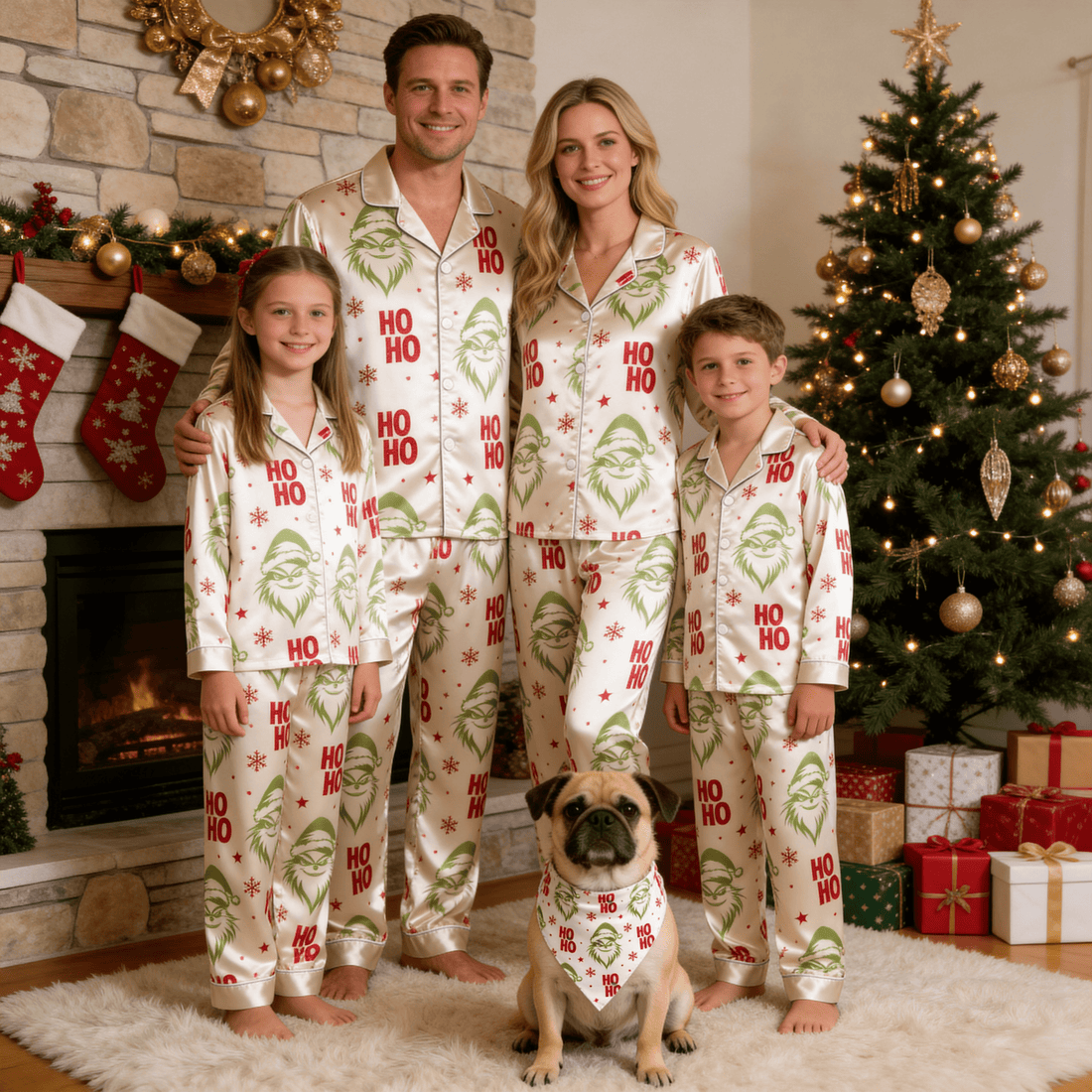 Green Face & Ho Ho Text Print Satin Button-Up Family Christmas Pajamas Set