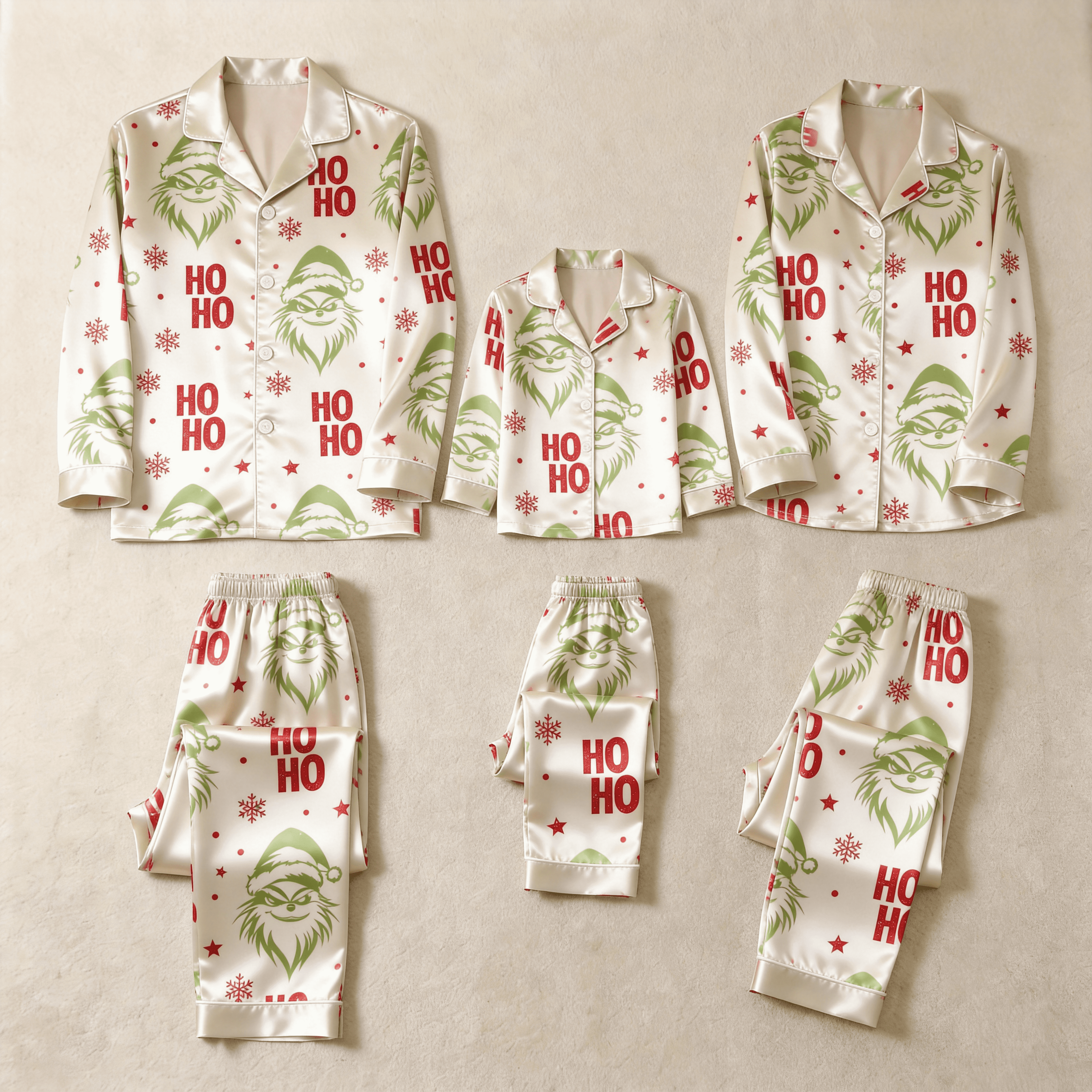 Red Face & Ho Ho Text Print Satin Button-Up Family Christmas Pajamas Set