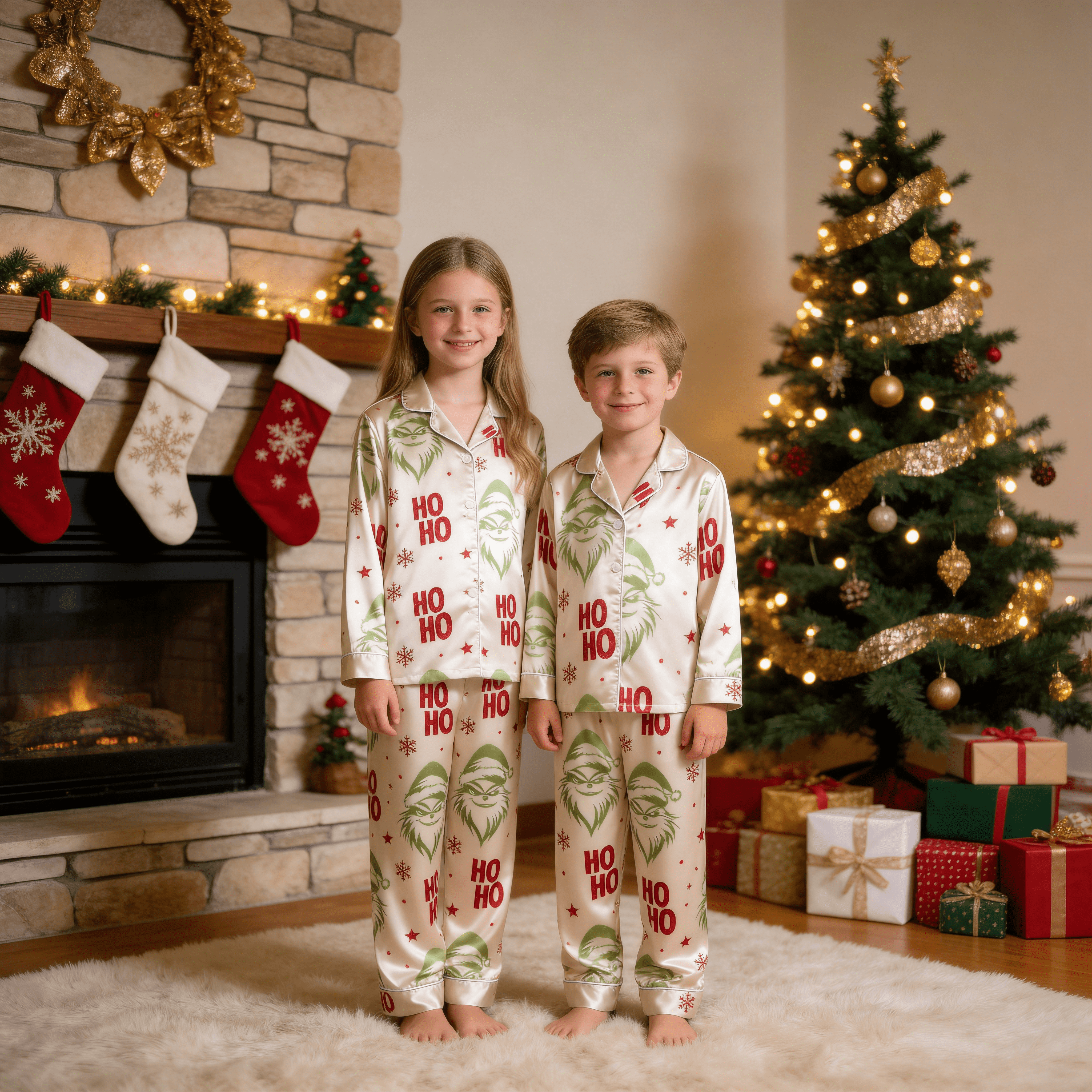 Red Face & Ho Ho Text Print Satin Button-Up Family Christmas Pajamas Set