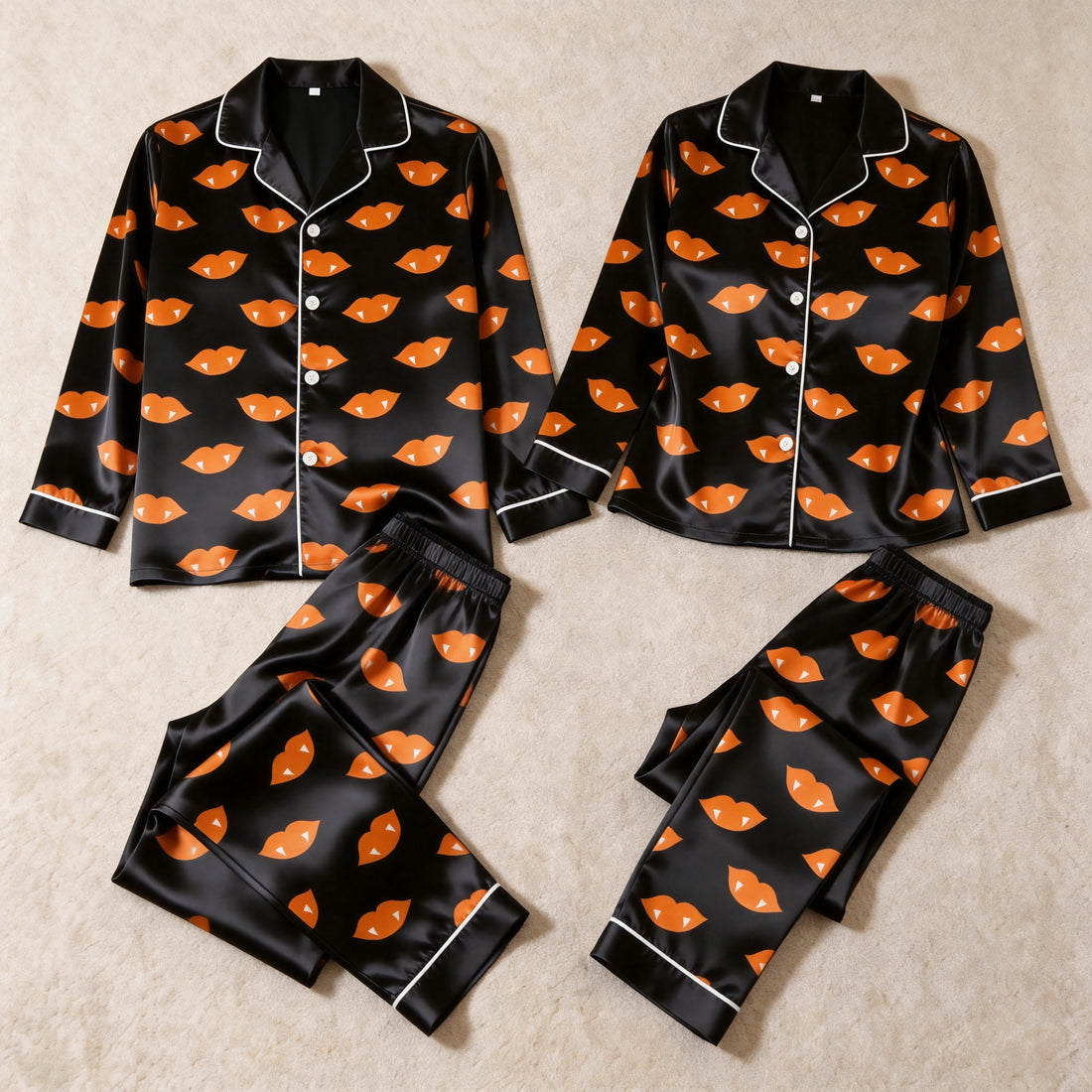 Spooky Vampire Lips Print Satin Matching Pajamas for Couples – Long Sleeve Button-Down Top & Pants Sleepwear Set