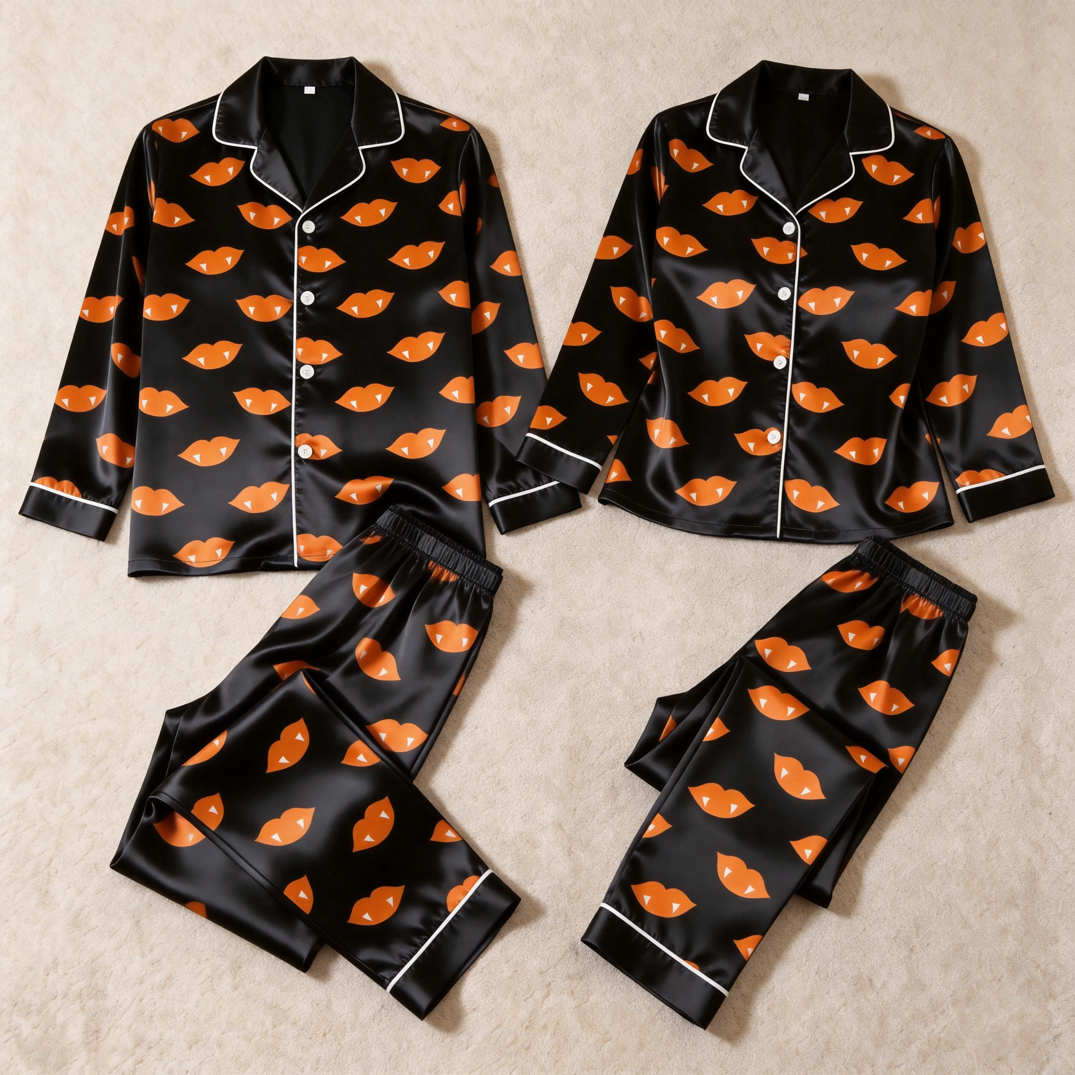 Spooky Vampire Lips Print Satin Matching Pajamas for Couples – Long Sleeve Button-Down Top & Pants Sleepwear Set