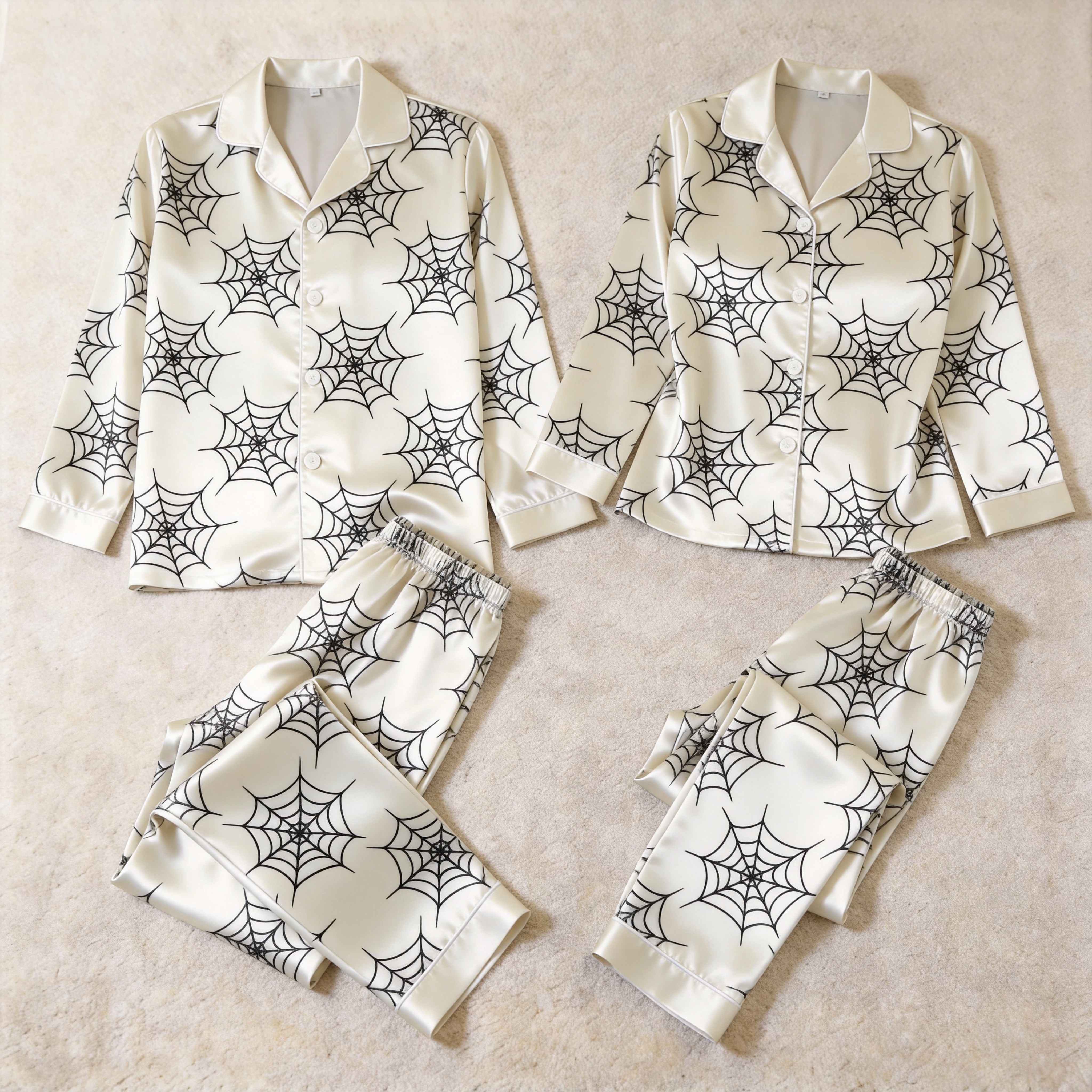 Halloween Spider Web Satin Matching Pajamas for Couples – Long Sleeve Button-Down Top & Pants Sleepwear Set