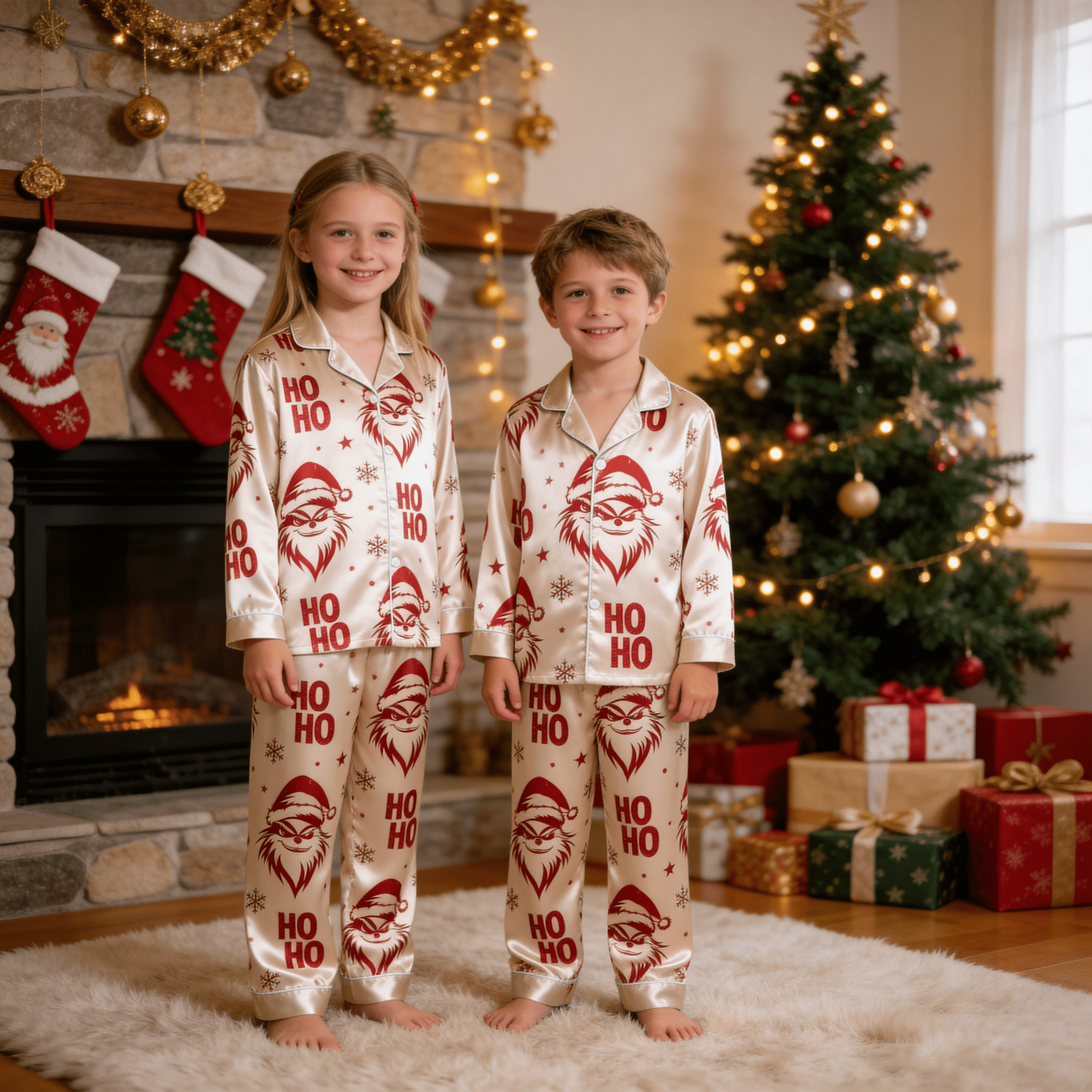 Red Face & Ho Ho Text Print Satin Button-Up Family Christmas Pajamas Set