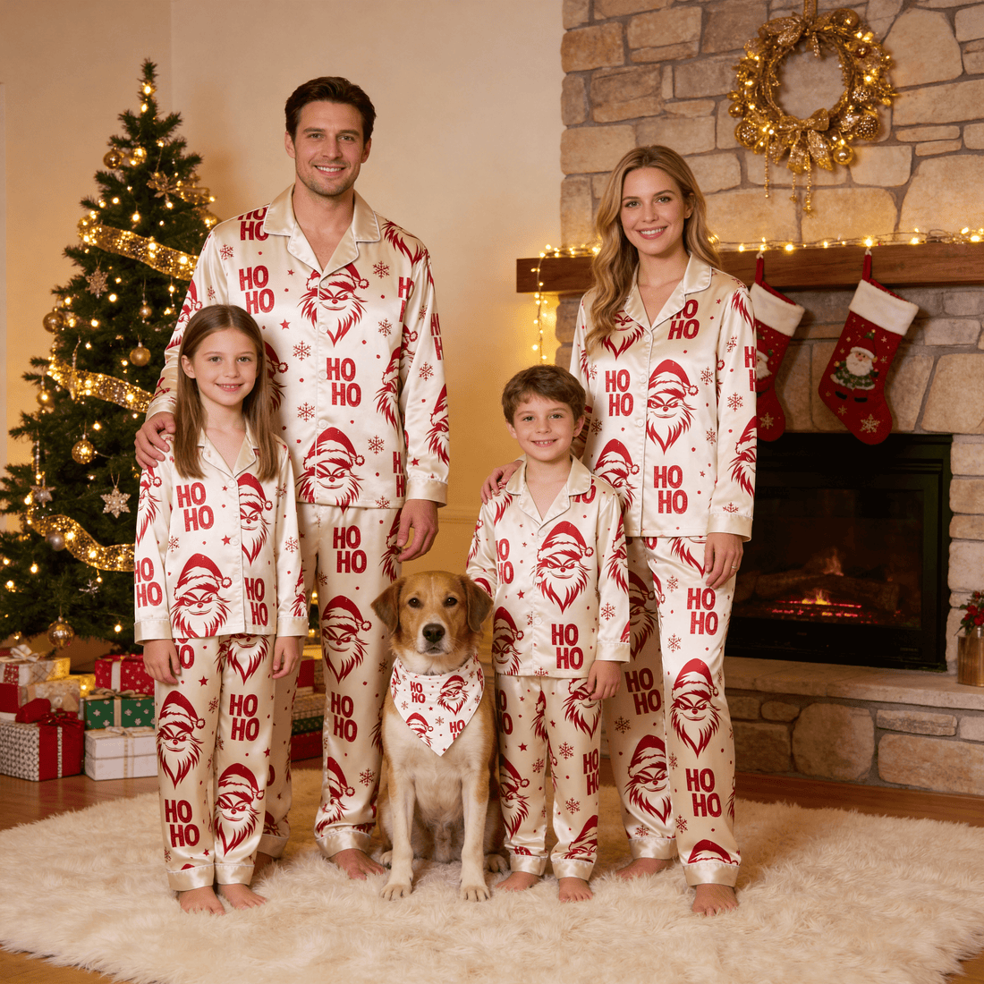 Red Face & Ho Ho Text Print Satin Button-Up Family Christmas Pajamas Set