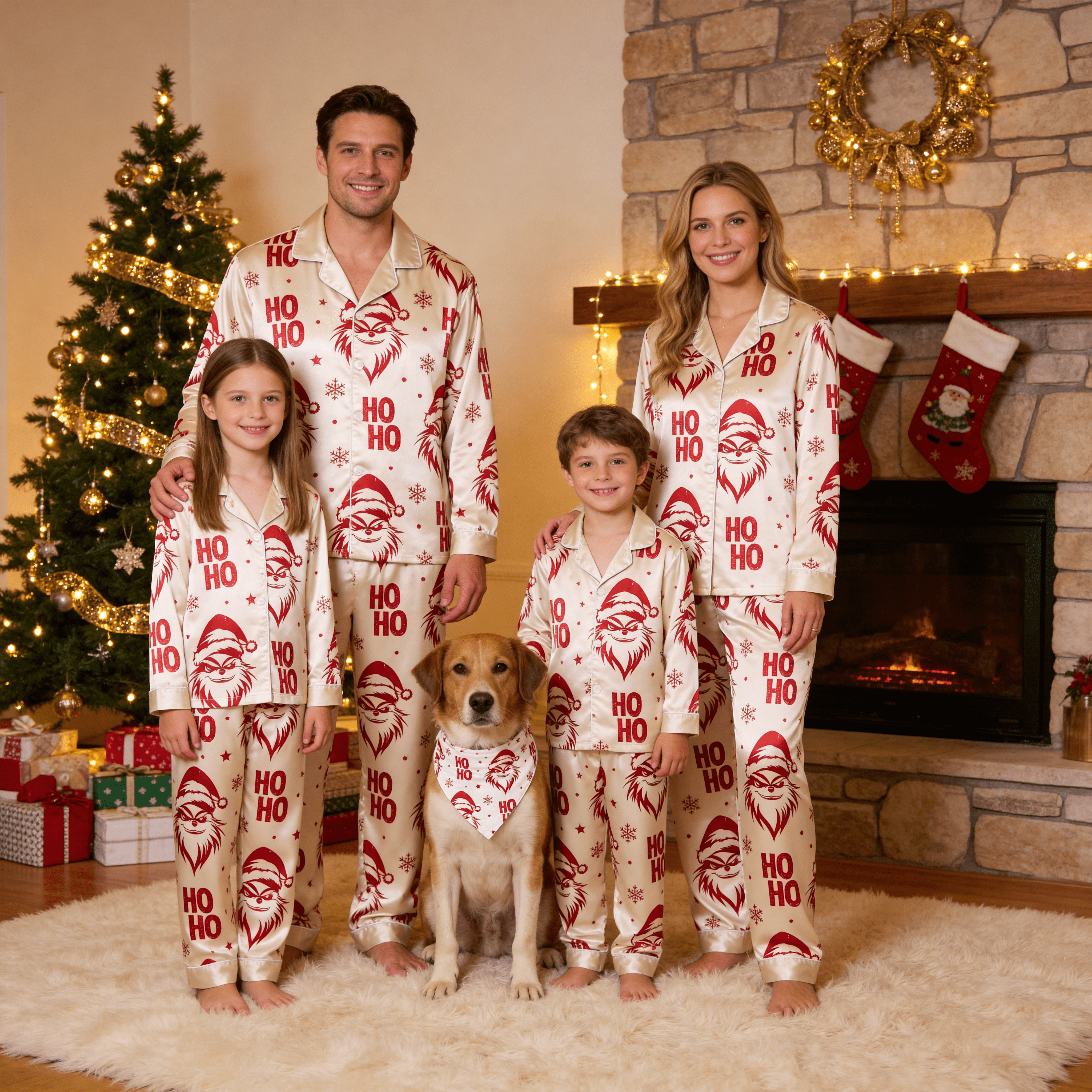 Red Face & Ho Ho Text Print Satin Button-Up Family Christmas Pajamas Set