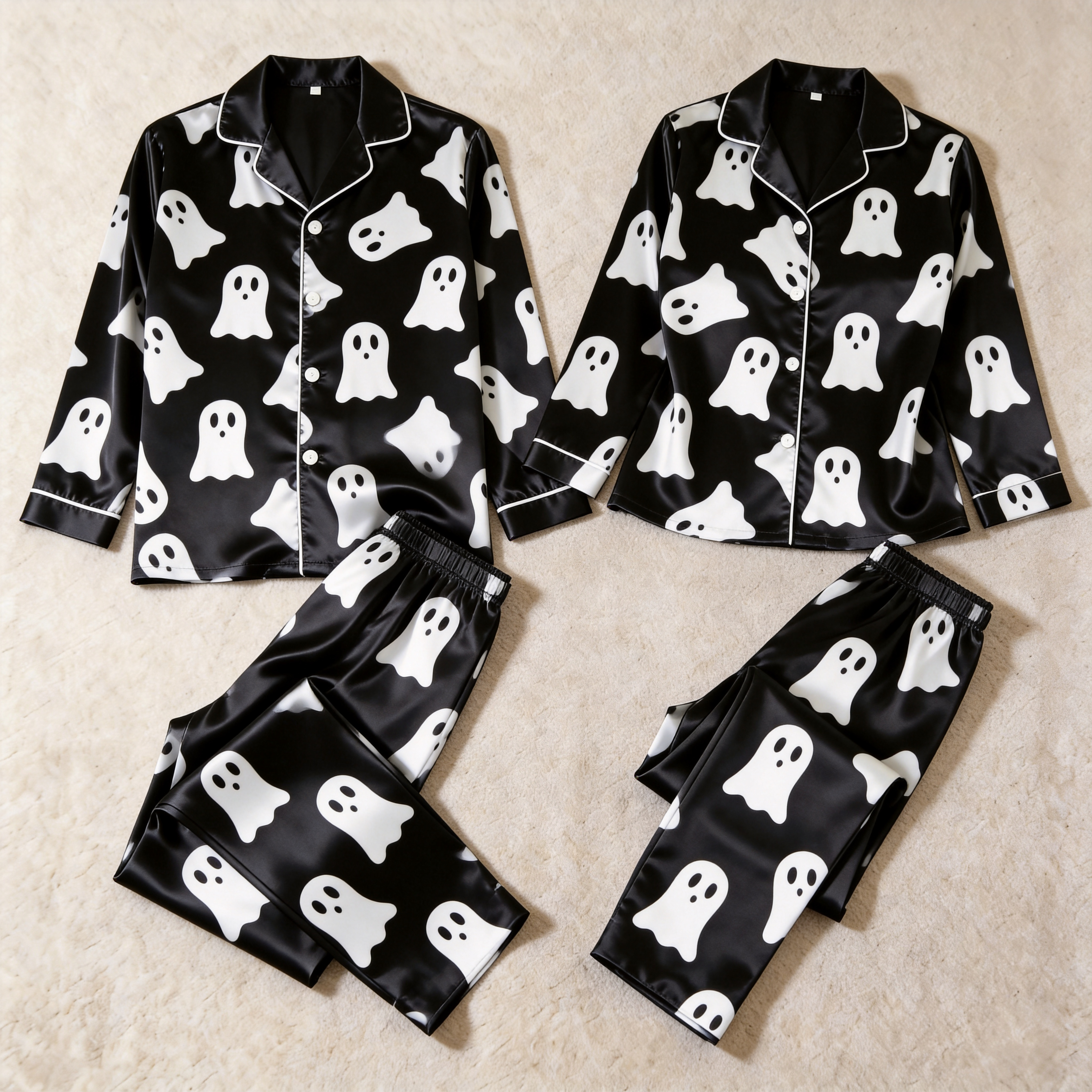 Ghost Pattern Satin Matching Pajamas for Couples – Long Sleeve Button-Down Top & Pants Sleepwear Set