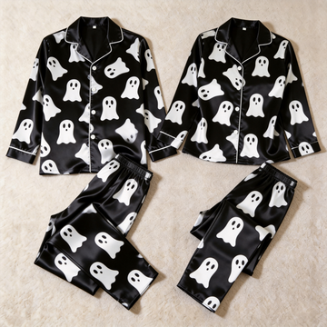 Ghost Pattern Satin Matching Pajamas for Couples – Long Sleeve Button-Down Top & Pants Sleepwear Set