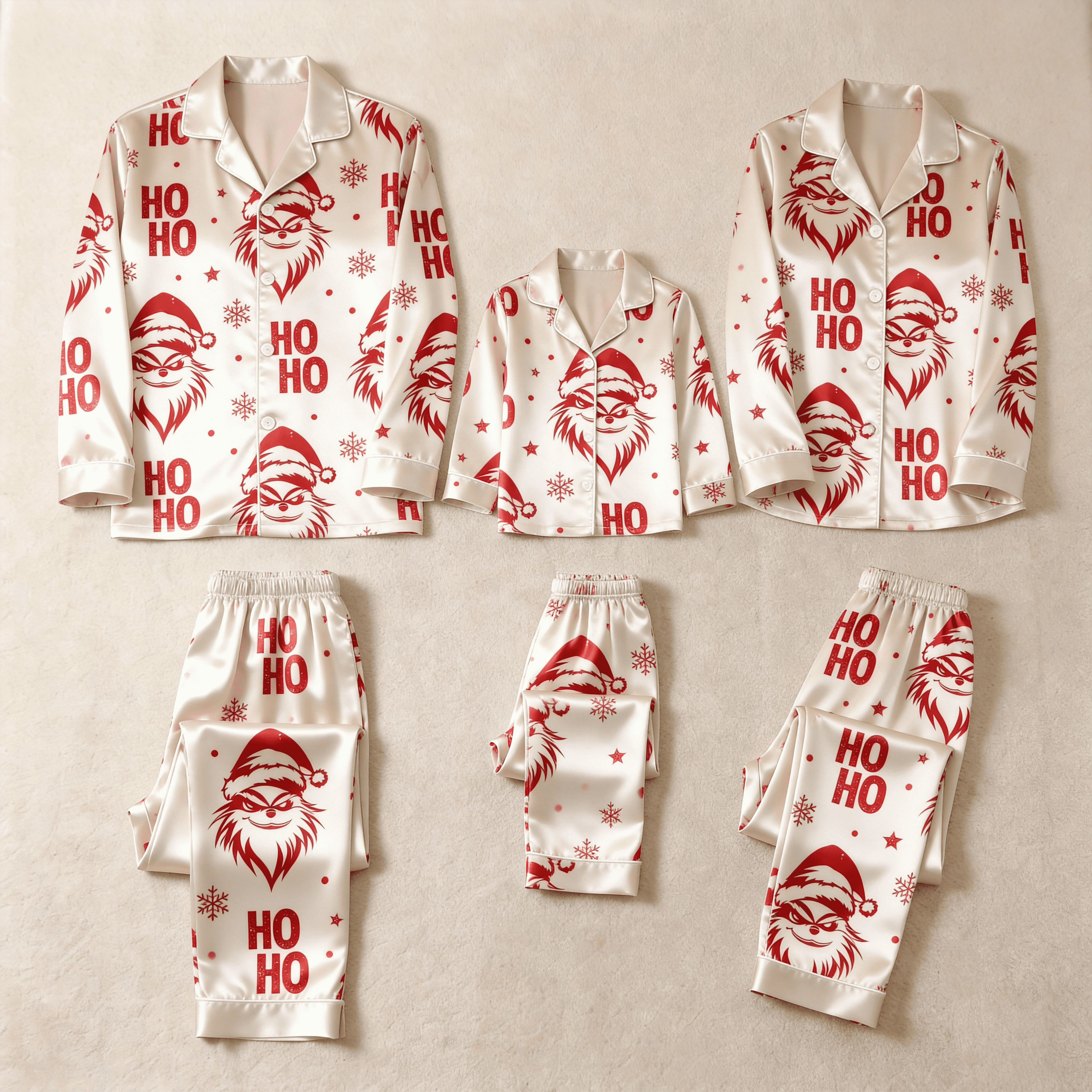 Red Face & Ho Ho Text Print Satin Button-Up Family Christmas Pajamas Set