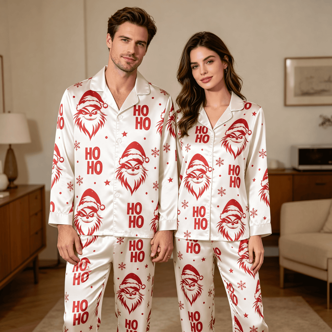 Cartoon Character Print Satin Matching Pajamas for Couples – Long Sleeve Button-Down Top & Pants Sleepwear Set