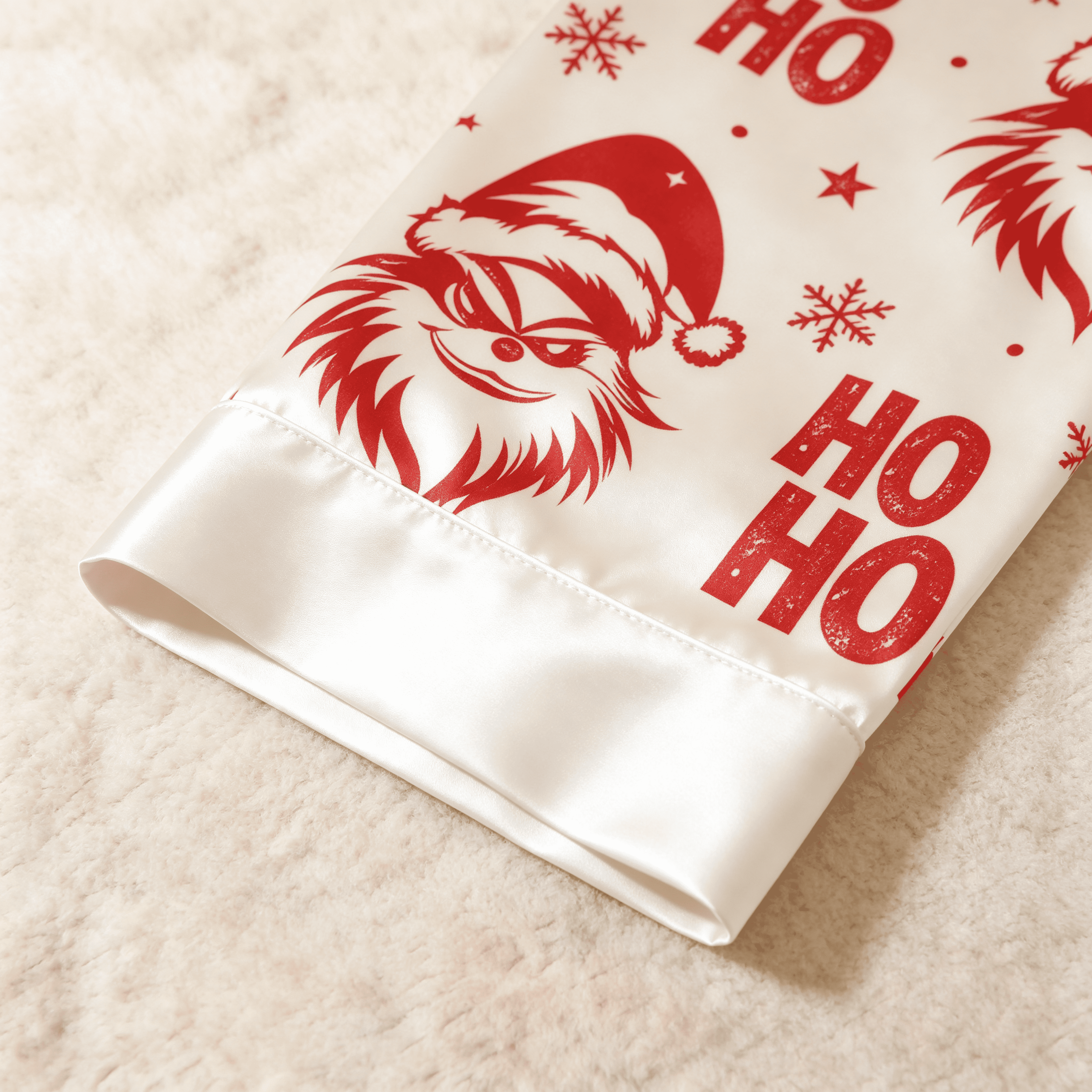 Red Face & Ho Ho Text Print Satin Button-Up Family Christmas Pajamas Set