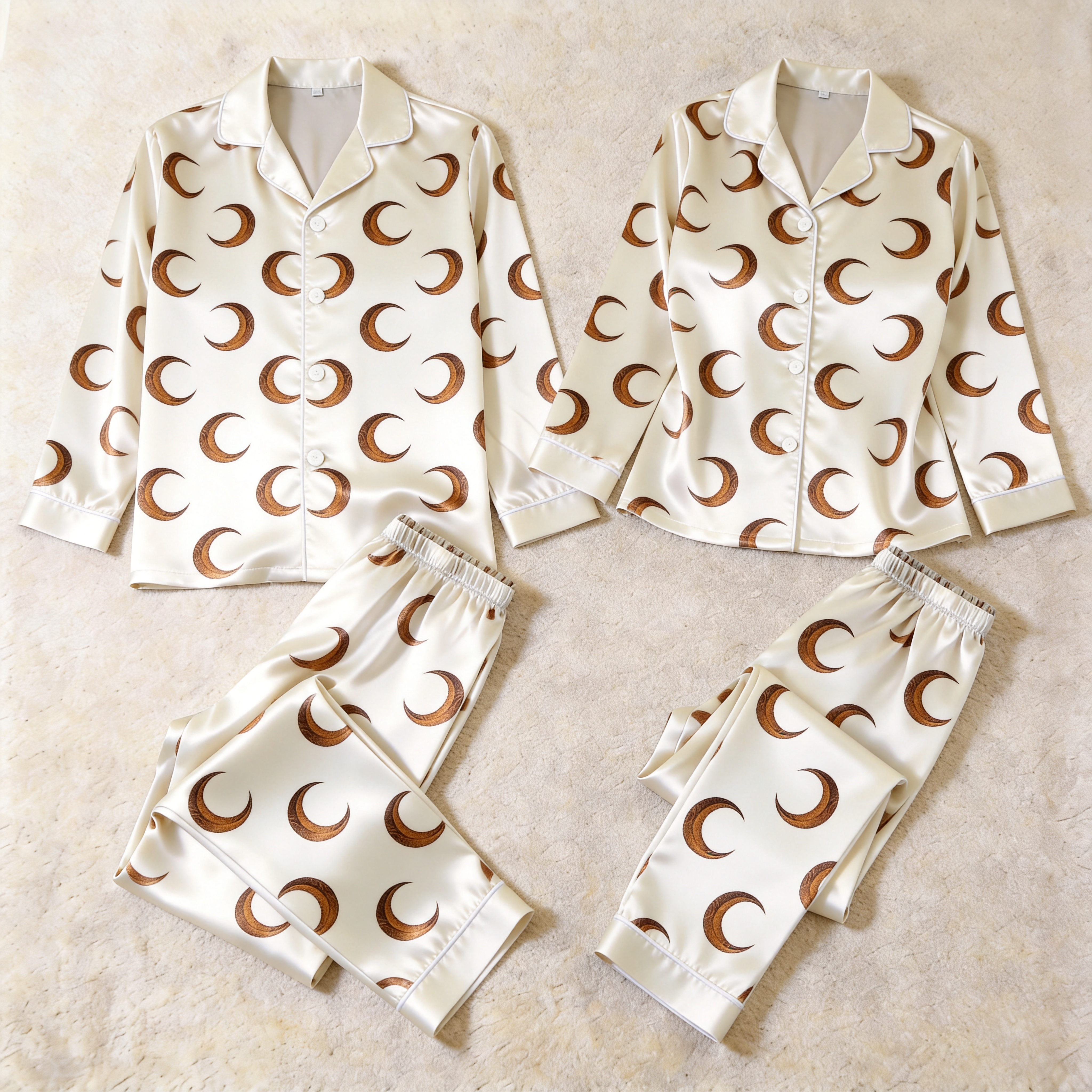 Crescent Moon Print Satin Matching Pajamas for Couples – Long Sleeve Button-Down Top & Pants Sleepwear Set