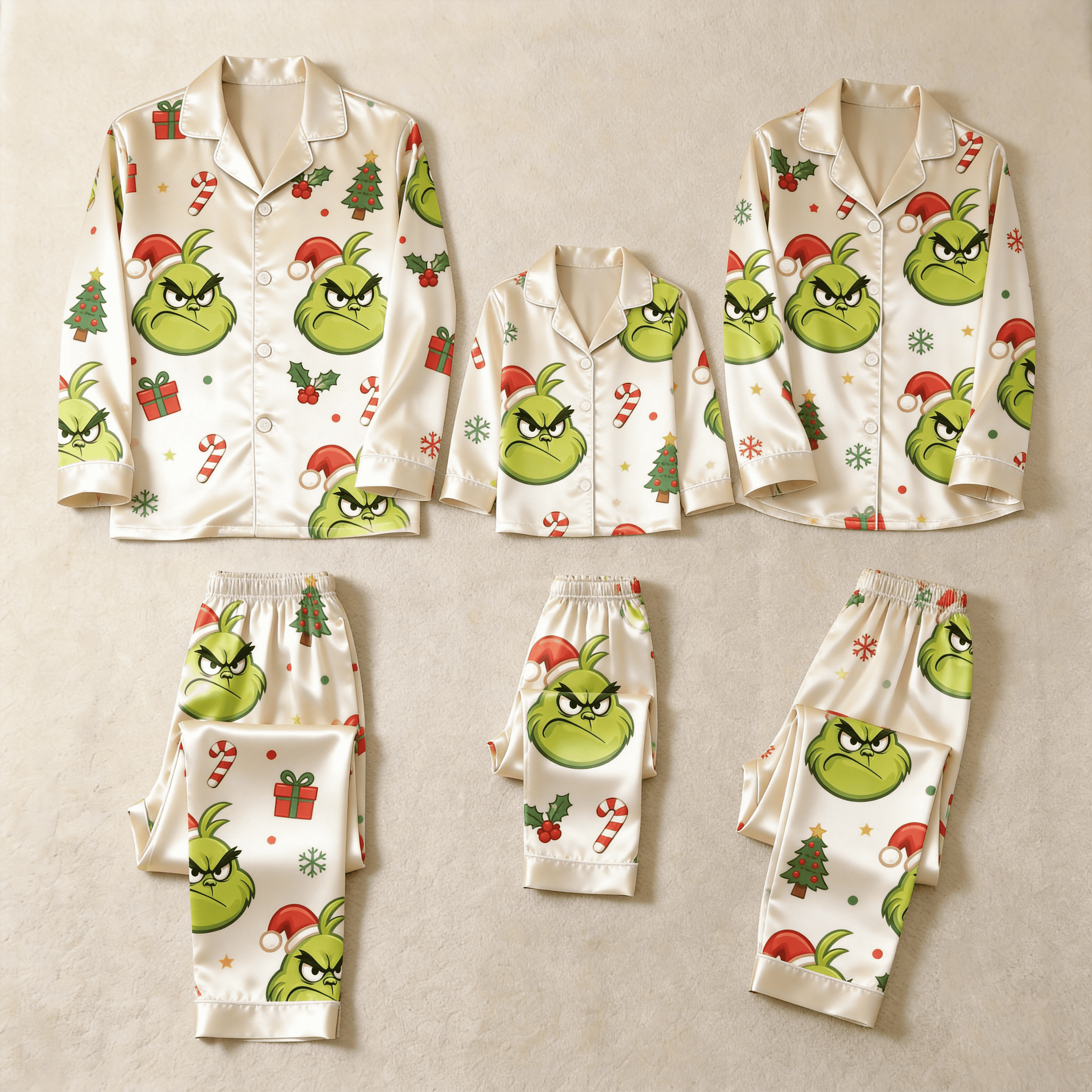Angry Green Face & Holiday Icon Print Satin Button-Up Family Christmas Pajamas Set
