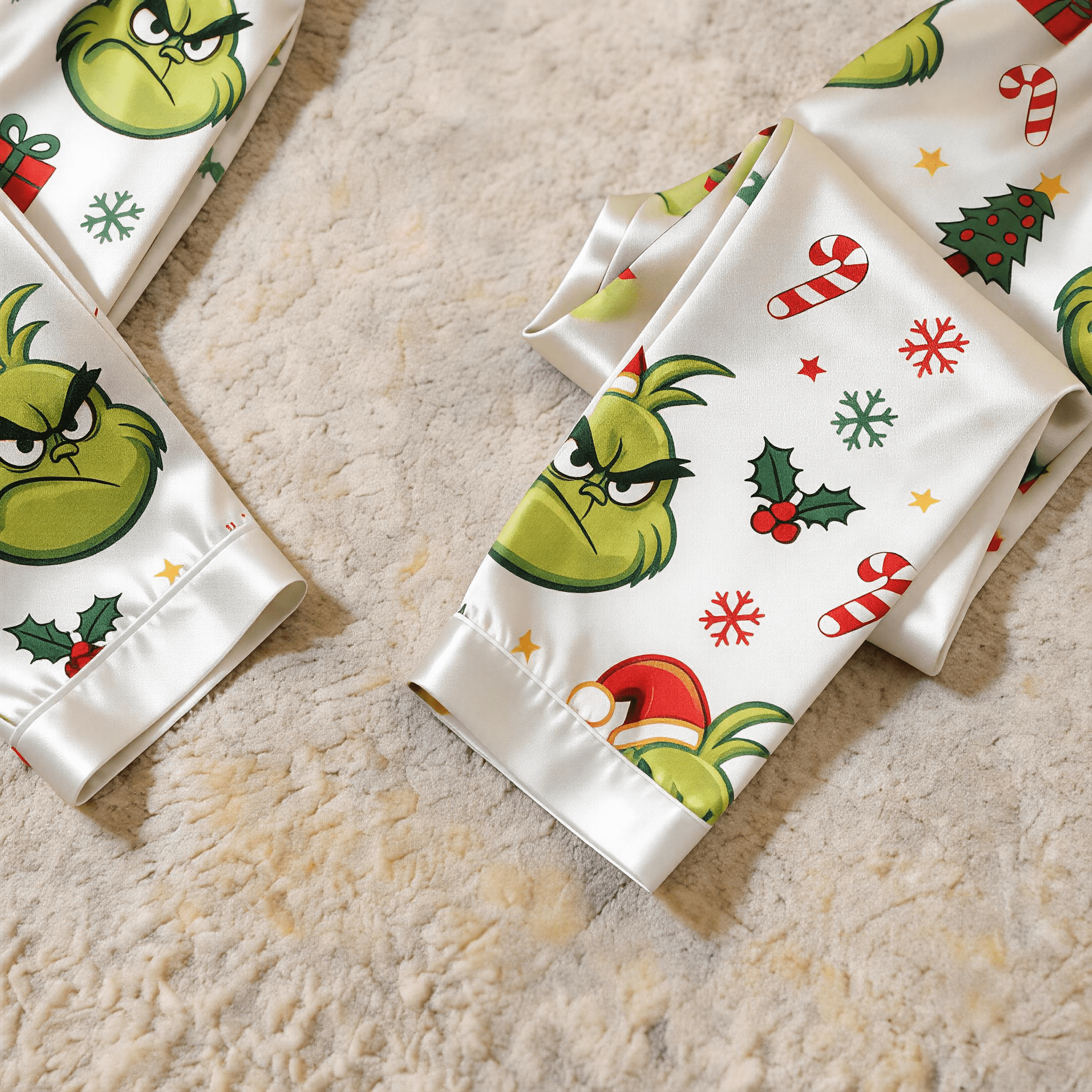 Angry Green Face & Holiday Icon Print Satin Button-Up Family Christmas Pajamas Set
