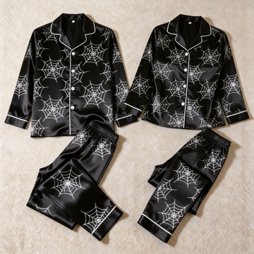 Halloween Spider Web Black Satin Matching Pajamas for Couples – Long Sleeve Button-Down Top & Pants Sleepwear Set